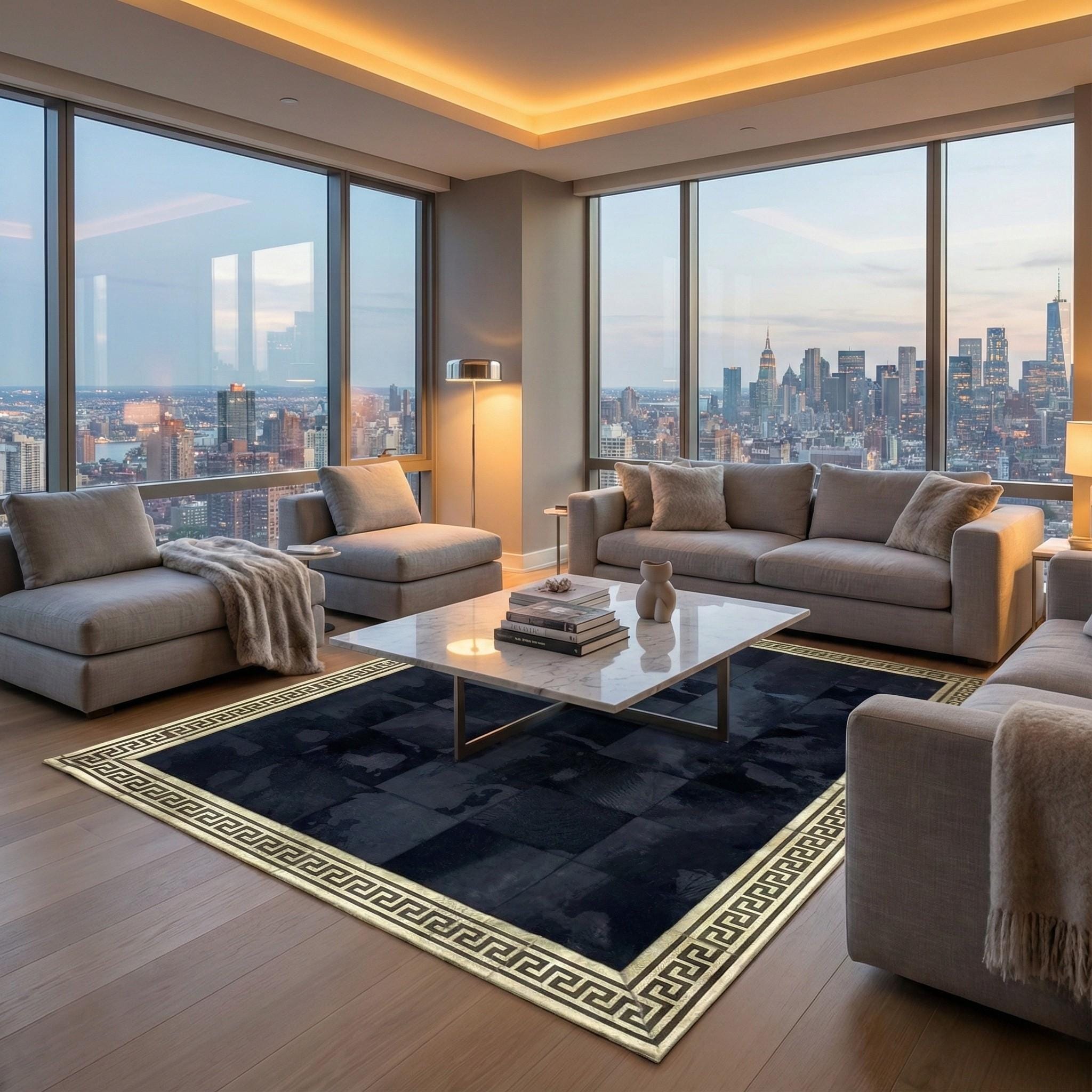 Siyah ve Altın Rengi Kenarlı Dana Derisi Patchwork Halı – El Yapımı Doğal Deri Dekoratif Halı