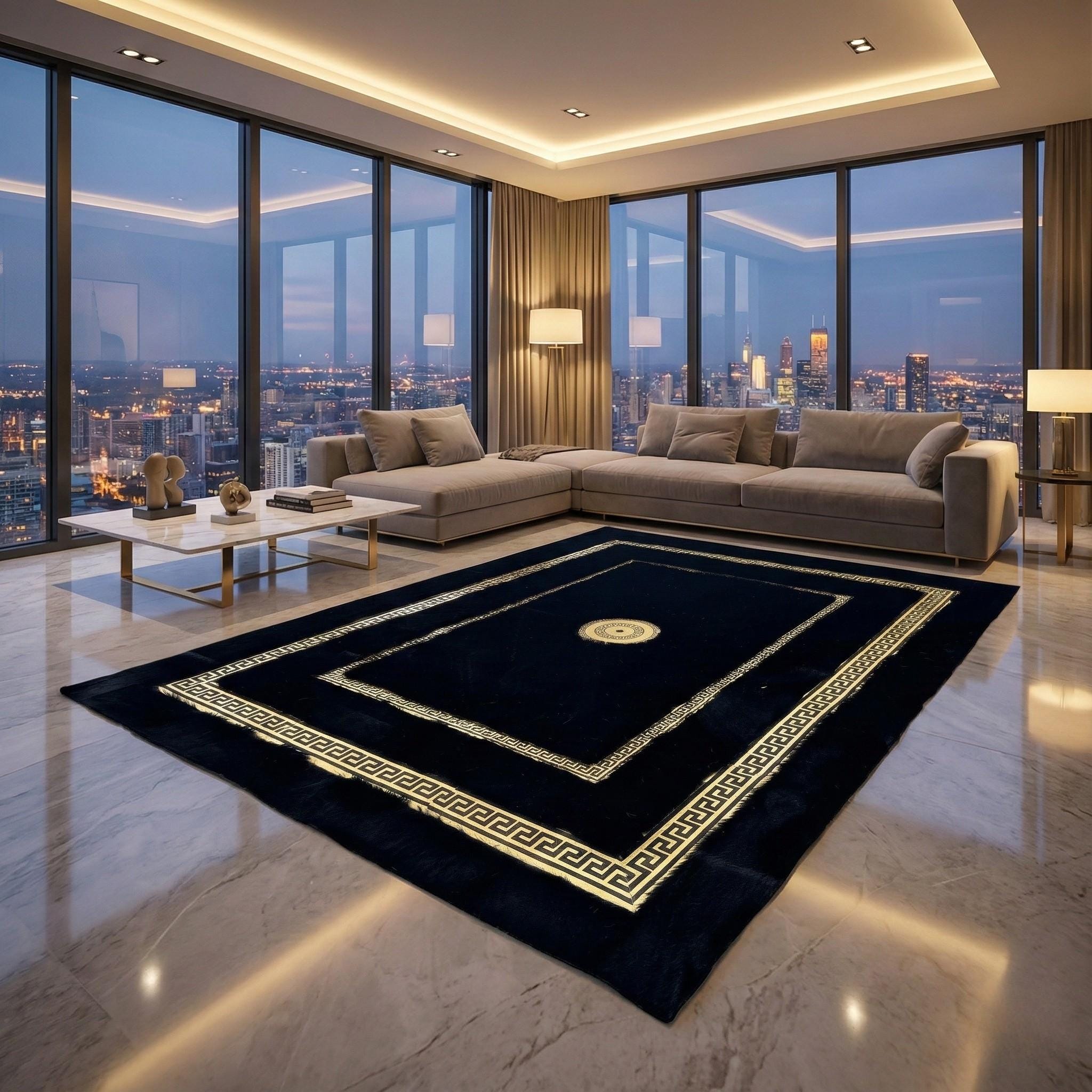 Siyah Zeminli Çift Altın Bordür Detaylı Peluş Halı – Yumuşak Dokulu, Modern ve Dekoratif Halı