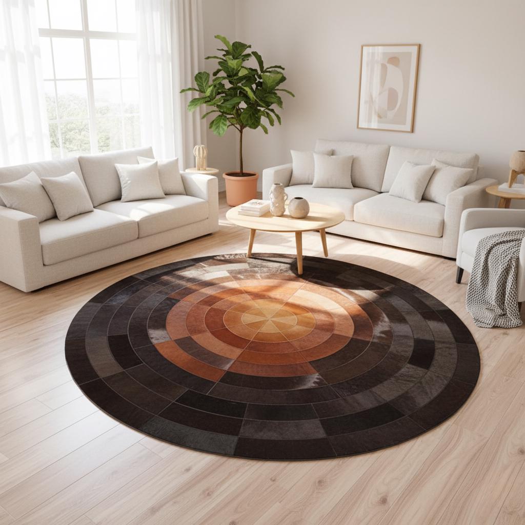 Siyah Zeminli Turuncu Merkez Detaylı Yuvarlak Dana Derisi Patchwork Halı