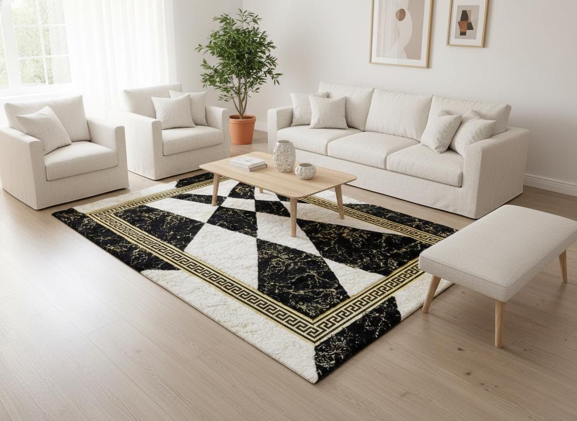 Siyah ve Beyaz Zeminli Geometrik Desenli Peluş Halı – Yumuşak Dokulu, Modern ve Dekoratif Halı