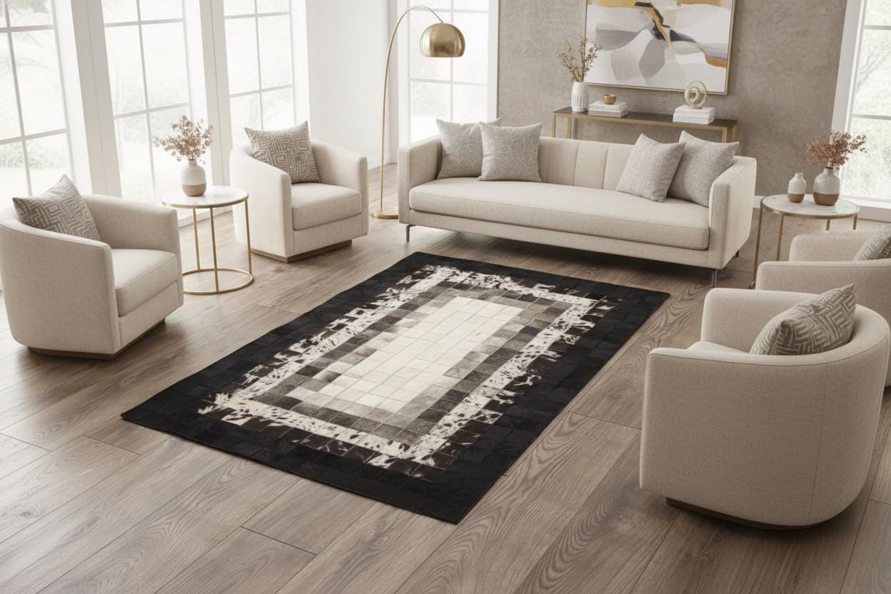 Siyah ve Gri Tonlu Dana Derisi Patchwork Halı – El Yapımı Doğal Deri Dekoratif Halı