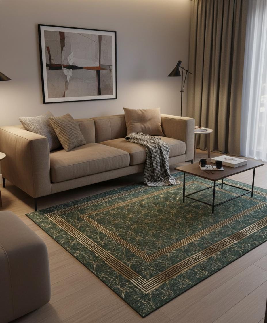 Yeşil Zeminli Desenli Altın Bordürlü Peluş Halı – Yumuşak Dokulu, Modern ve Dekoratif Halı