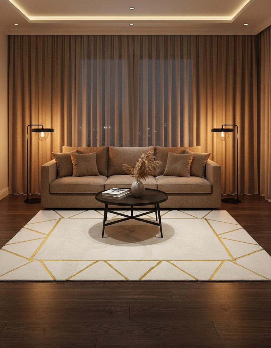 Beyaz Zeminli Altın Geometrik Detaylı Peluş Halı – Yumuşak Dokulu, Şık ve Dekoratif Halı