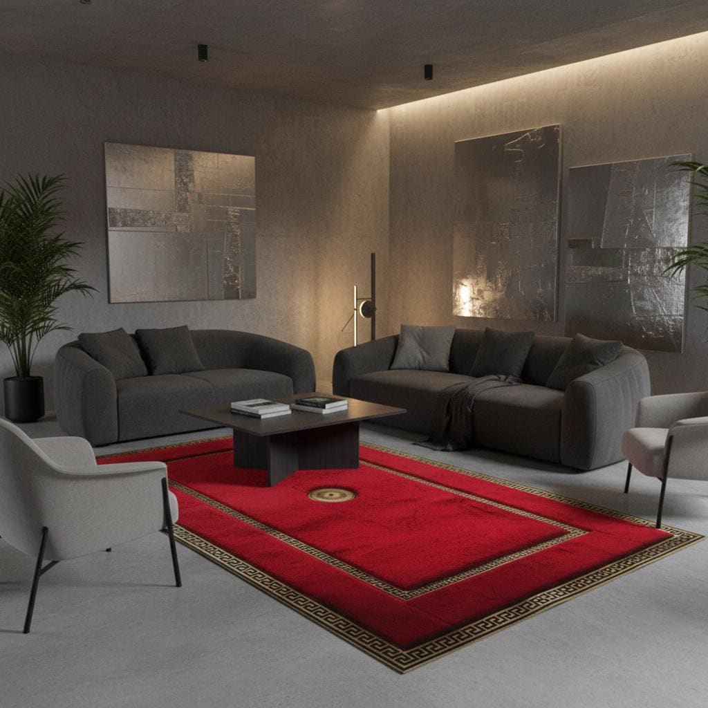 Kırmızı Zeminli Altın Bordür Detaylı Peluş Halı – Yumuşak Dokulu, Şık ve Dekoratif Halı