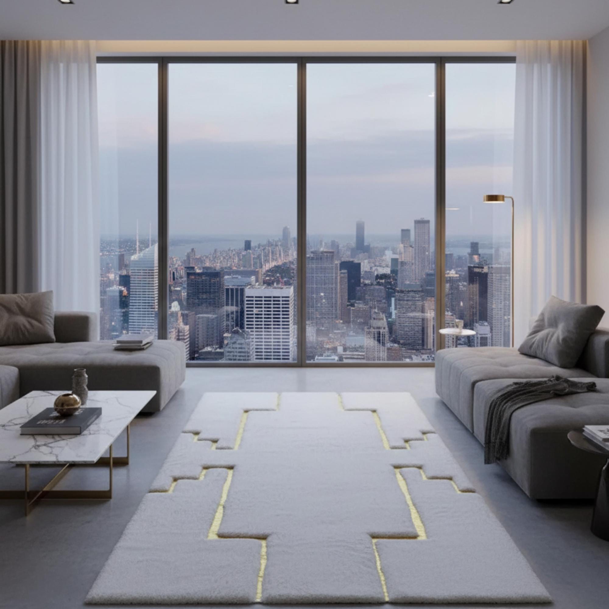 Beyaz Zeminli Altın Geometrik Kenar Detaylı Peluş Halı – Yumuşak Dokulu, Modern ve Dekoratif Halı