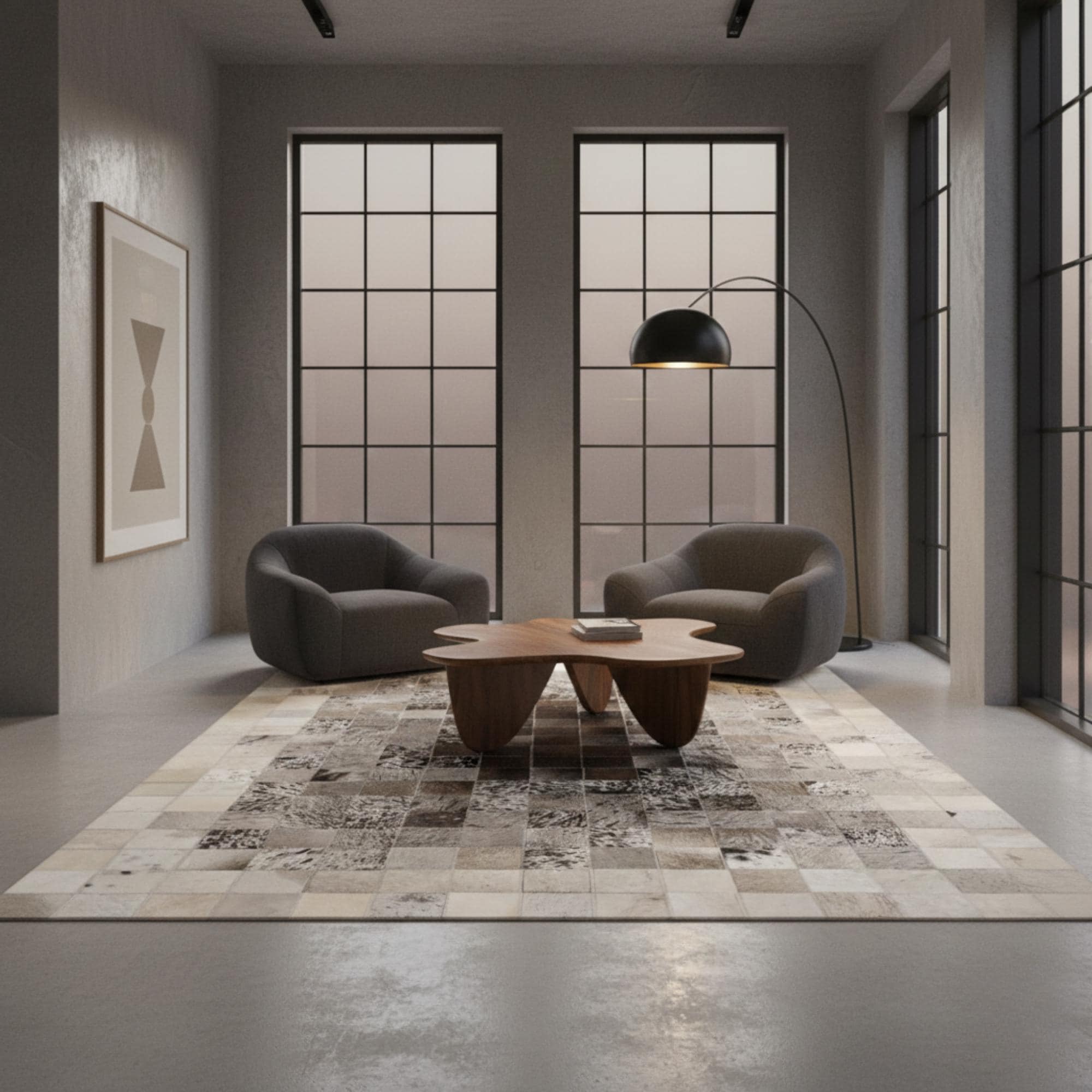 Açık Gri ve Bej Tonlu Dana Derisi Patchwork Halı