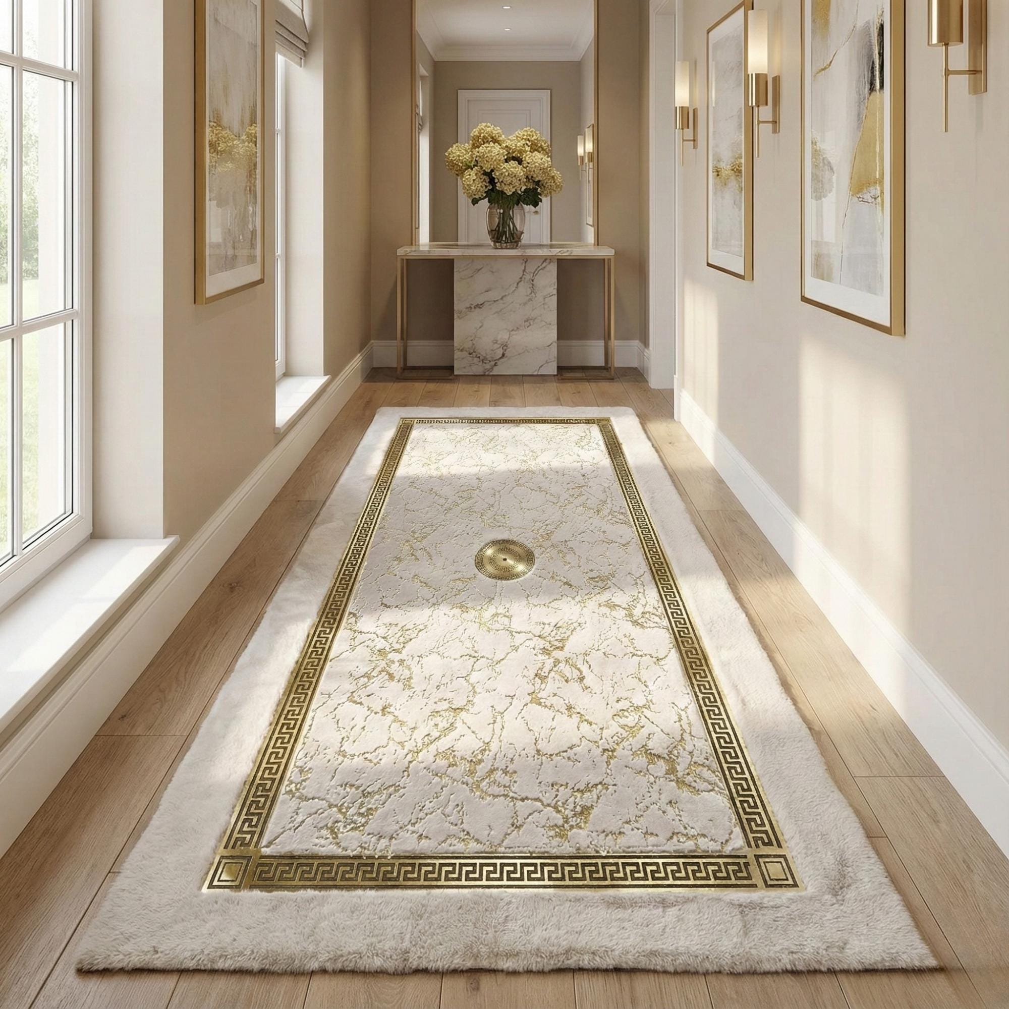 Beyaz Zeminli Altın Desenli Merkezli Peluş Runner Halı