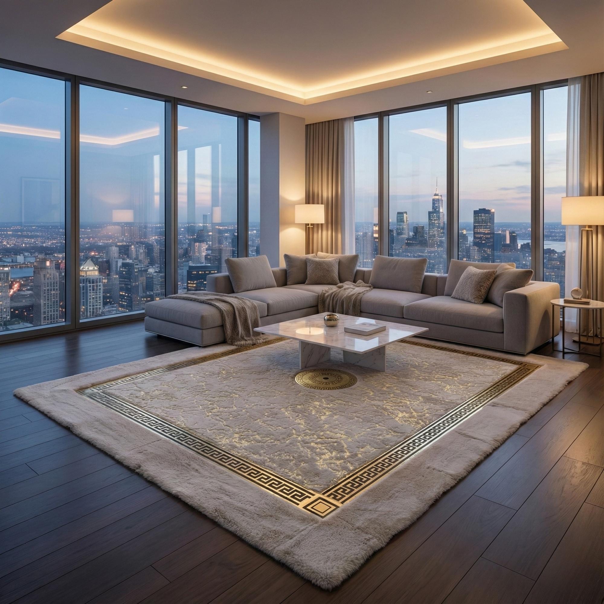 Beyaz Zeminli Altın Desenli Merkezli Peluş Runner Halı