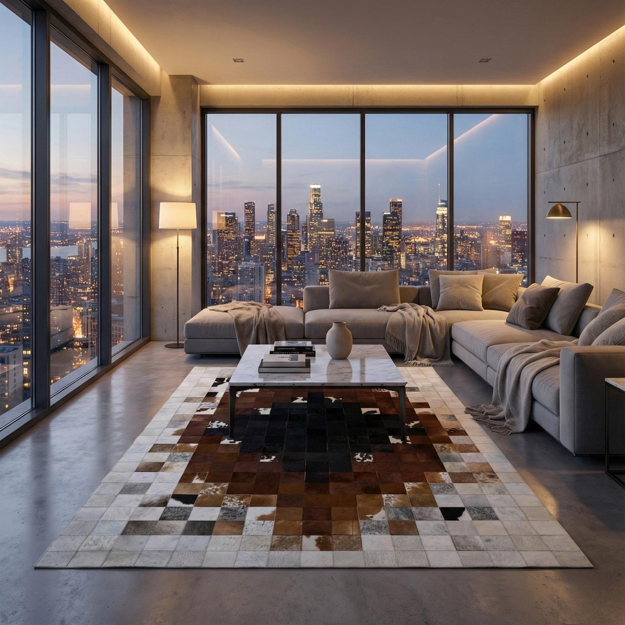 Kahverengi ve Bej Tonlu Dana Derisi Patchwork Halı – El Yapımı Doğal Deri Dekoratif Halı