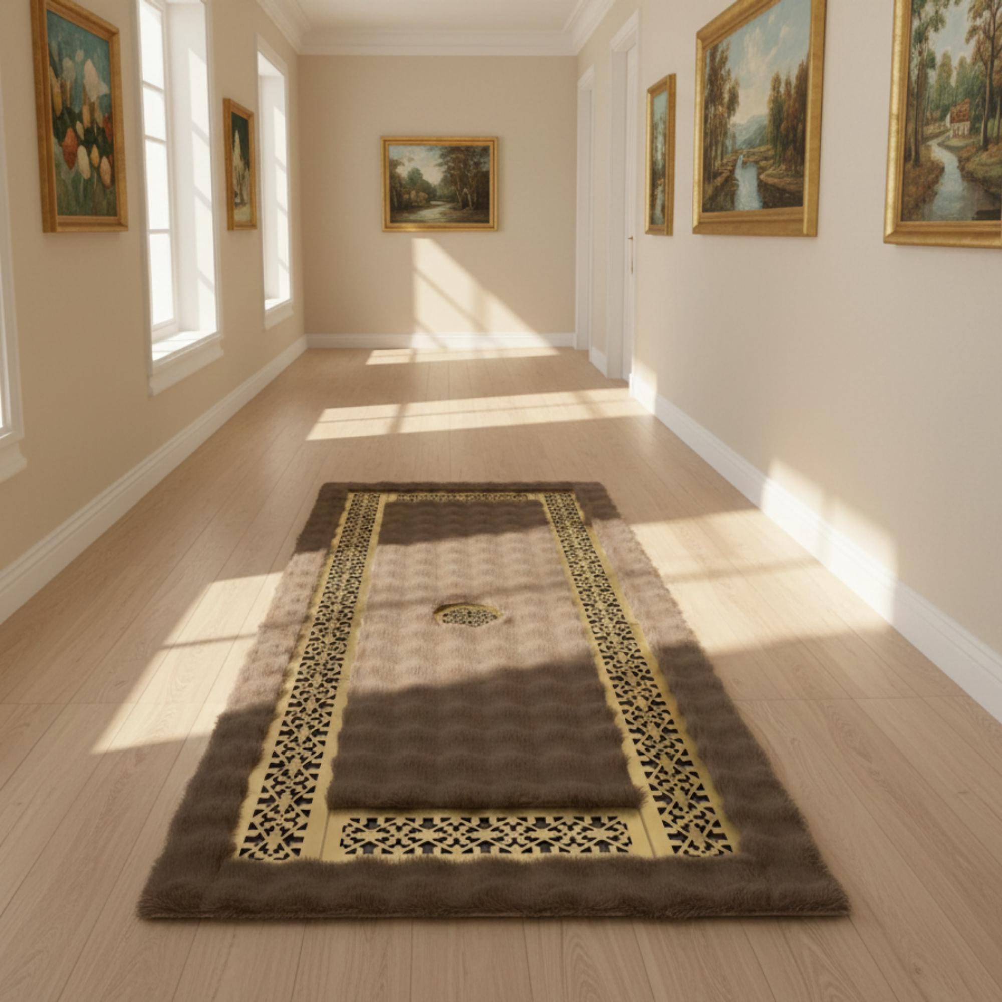 Kahverengi Zeminli Altın Bordür Detaylı Peluş Halı – Yumuşak Dokulu, Şık ve Dekoratif Halı
