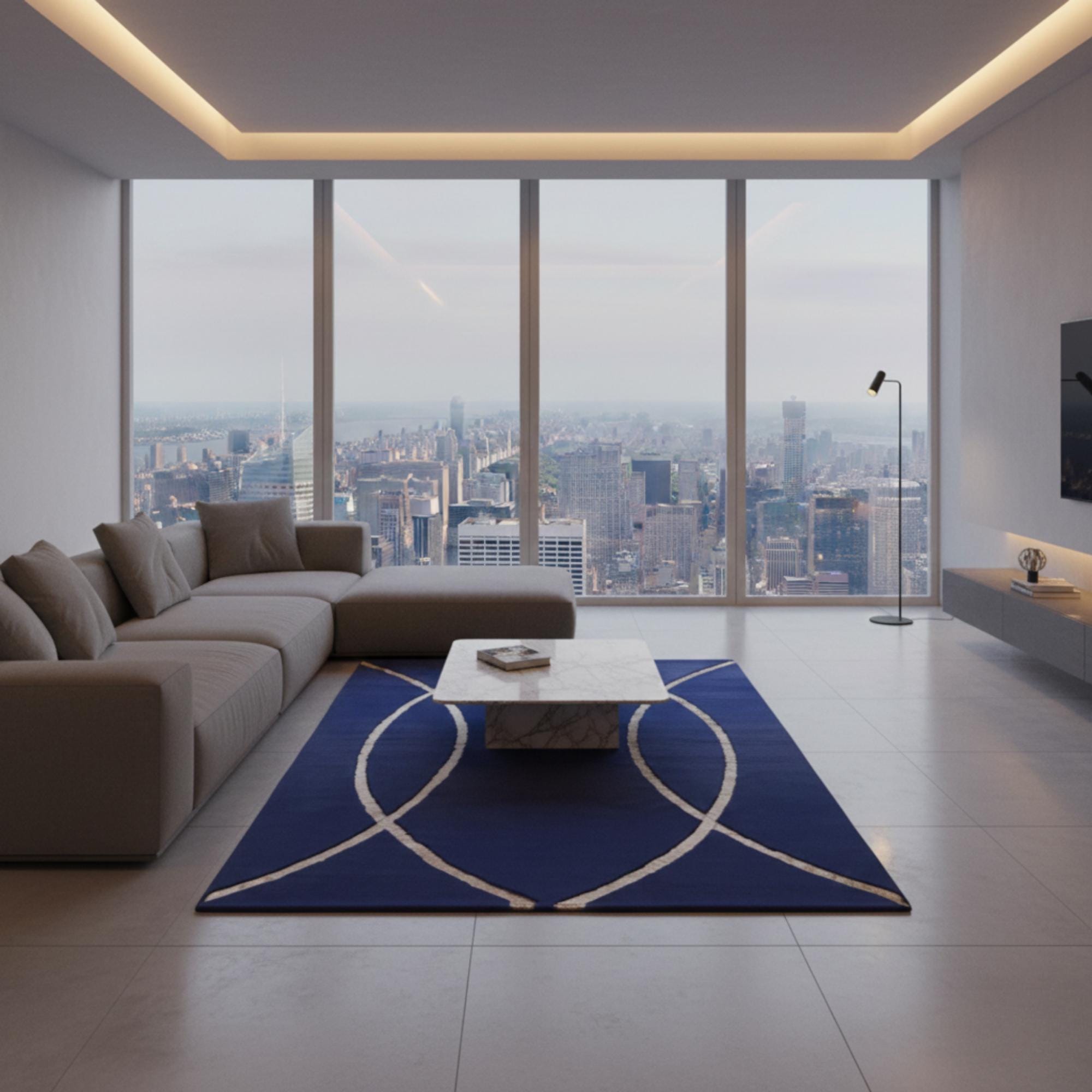 Lacivert Zeminli Altın Kavisli Çizgi Desenli Peluş Halı – Yumuşak Dokulu