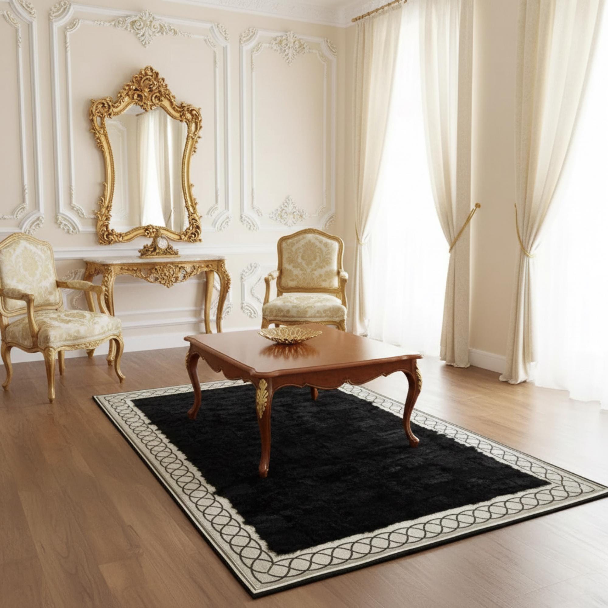 Zarif Bordürlü Siyah Toscana Kürk Salon Halısı – Modern ve Şık Tasarım