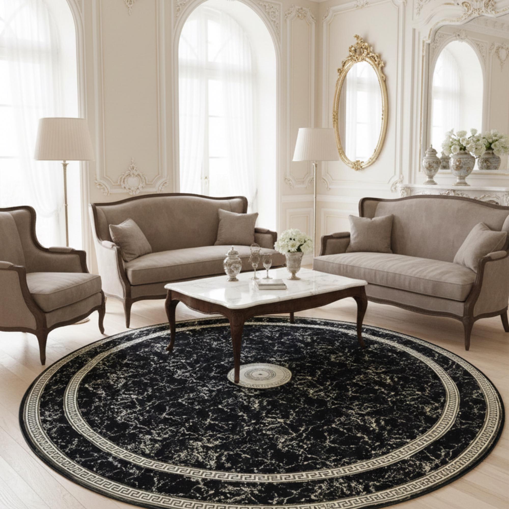 Siyah Zeminli Yuvarlak Altın Klasik Desenli Peluş Halı