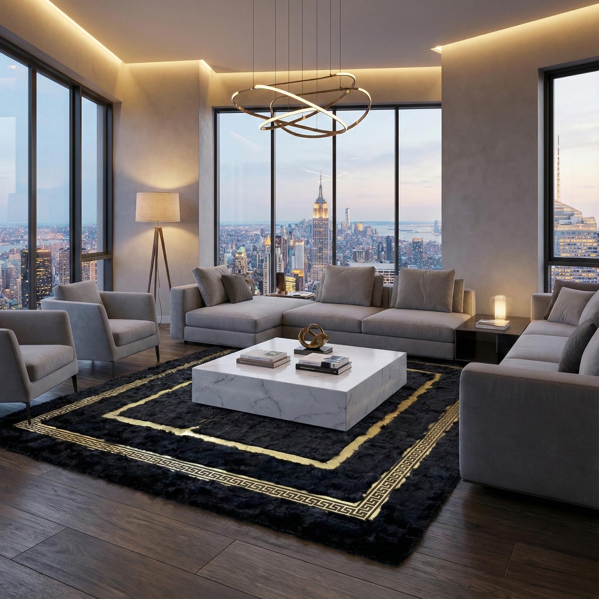 Siyah Altın Bordorlü Toskana Kürk Salon Halısı – Klasik ve Lüks Tasarım