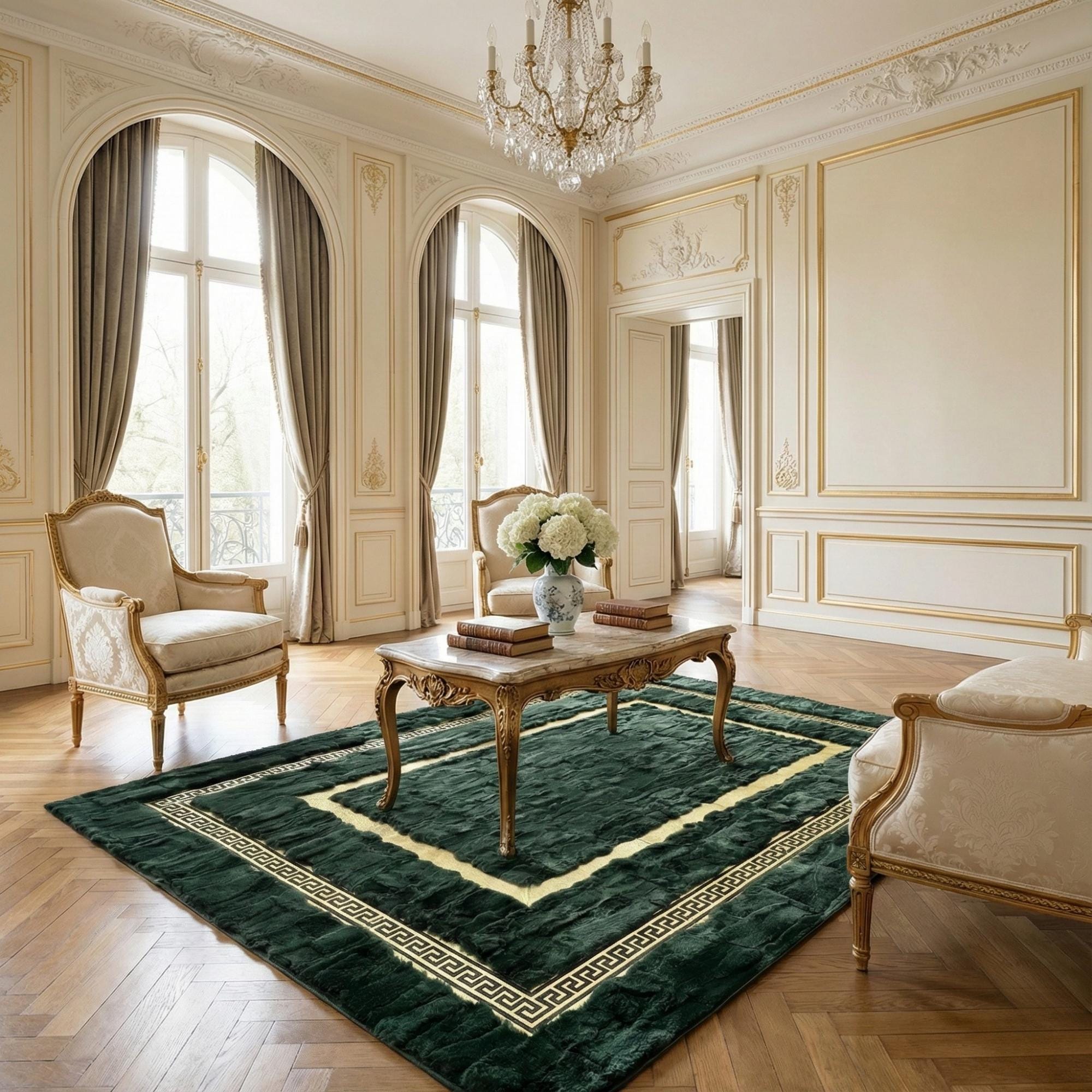 Altın Bordürlü Yeşil Rex Tavşan Kürkü Salon Halısı – Klasik ve Lüks Tasarım