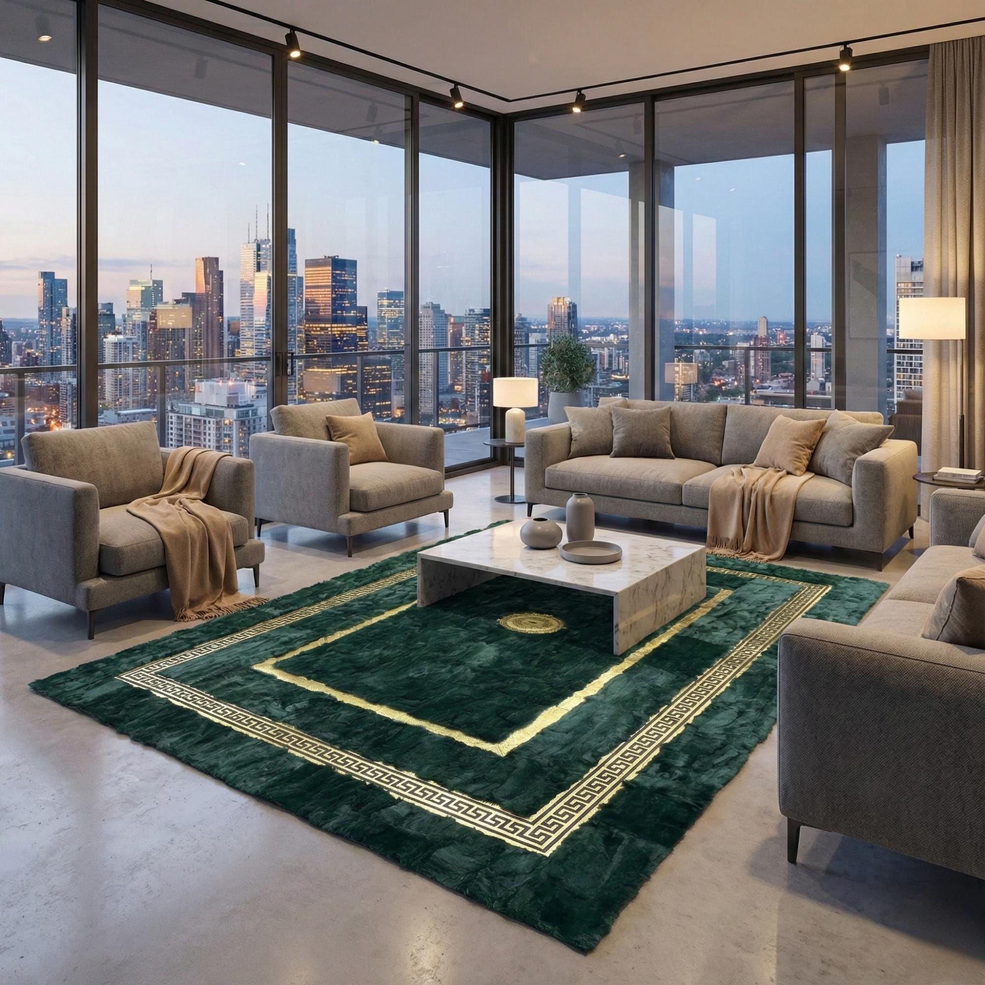 Altın Bordürlü Yeşil Rex Tavşan Kürkü Salon Halısı – Modern ve Prestijli Tasarım