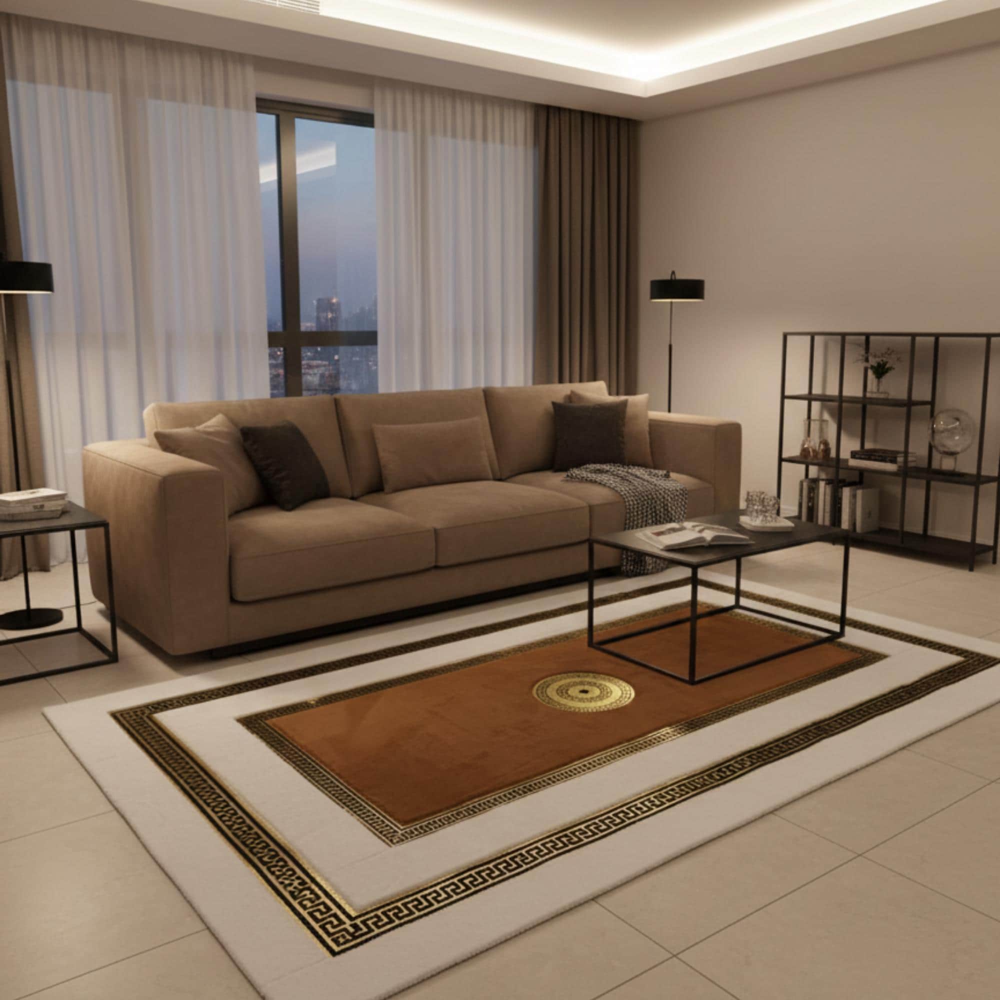 Beyaz Zeminli Çikolata Kahverengi Merkez ve Geniş Altın Çerçeveli Peluş