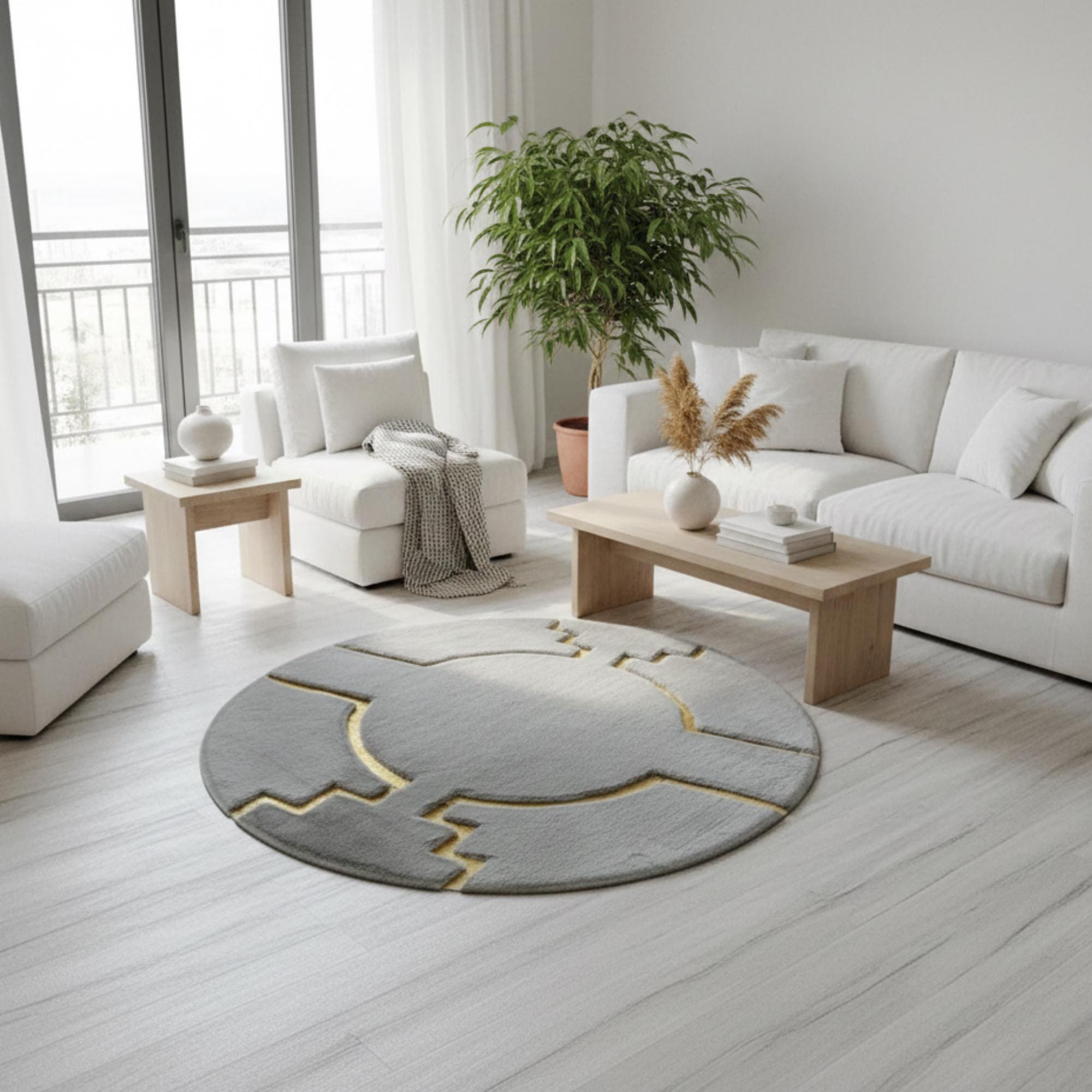 Gri Zeminli Altın Çizgi Detaylı Peluş Halı – Yumuşak Dokulu, Modern