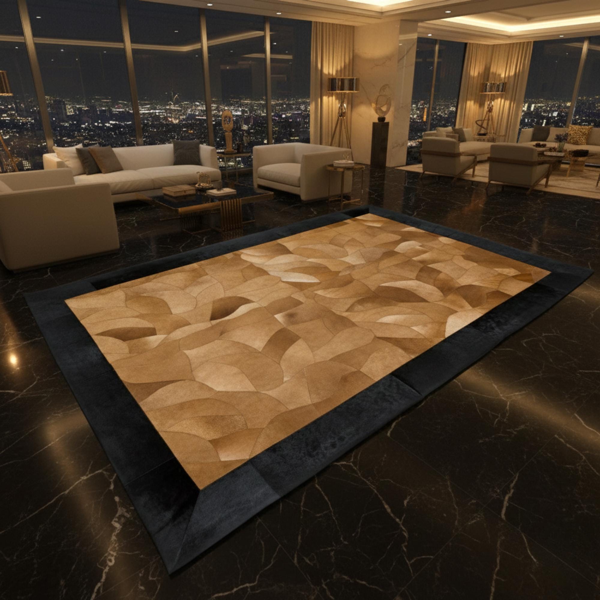 Açık Kahverengi, Taba ve Siyah Çerçeveli Dana Derisi Patchwork Halı