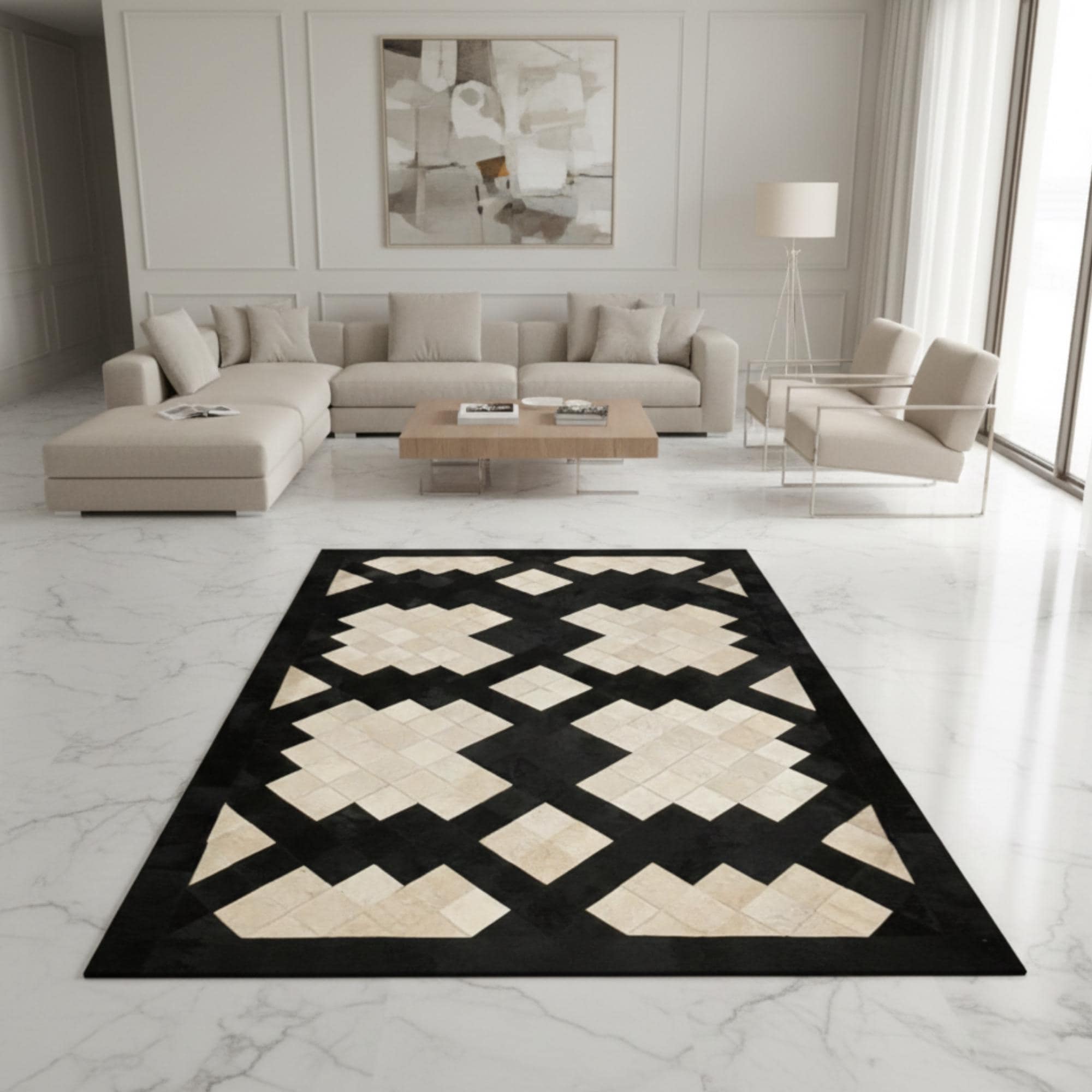 Siyah ve Krem Tonlu Geometrik Dana Derisi Patchwork Halı