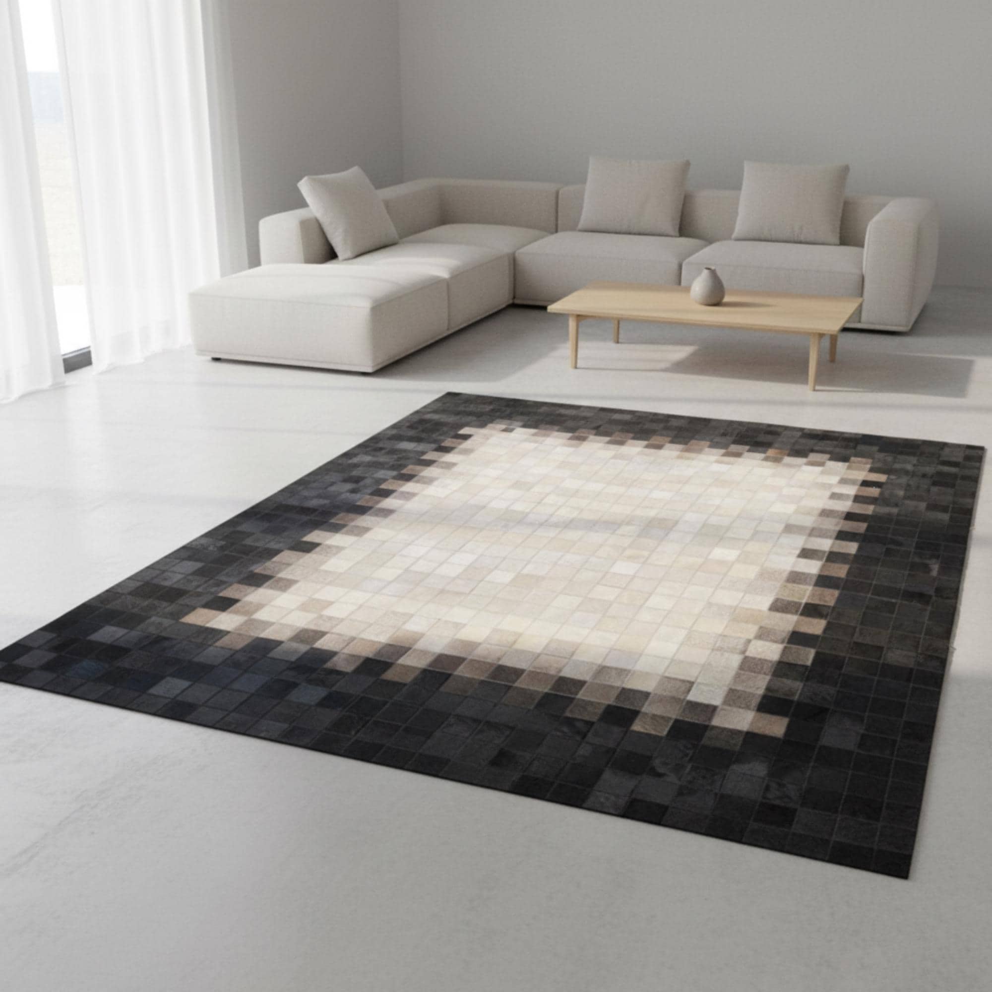 Bej ve Koyu Gri Tonlu Dana Derisi Patchwork Halı – El Yapımı Doğal Deri Dekoratif Halı