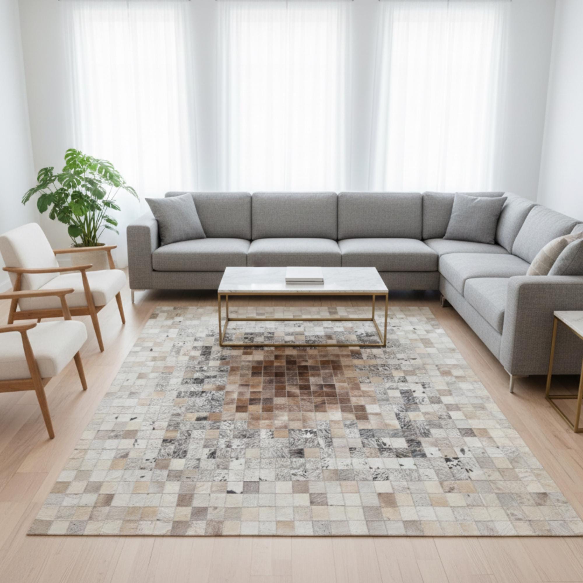 Bej ve Kahverengi Tonlu Dana Derisi Patchwork Halı