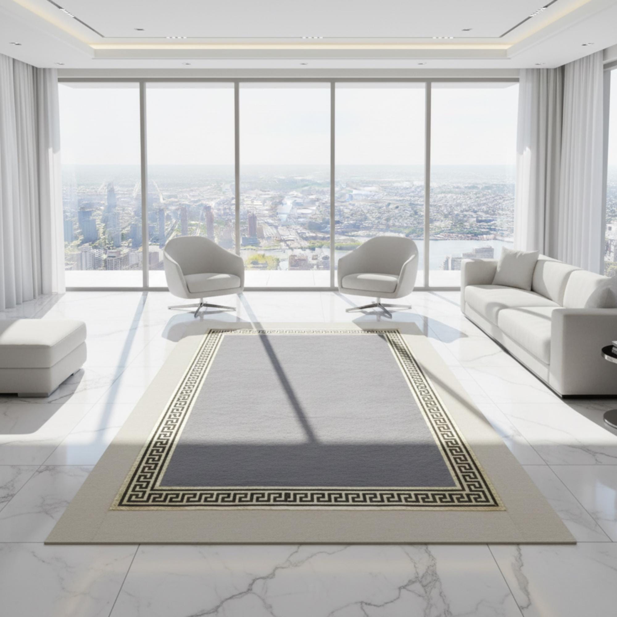 Gri Zeminli Altın Klasik Bordür Detaylı Peluş Halı – Yumuşak Dokulu, Şık ve Dekoratif Halı