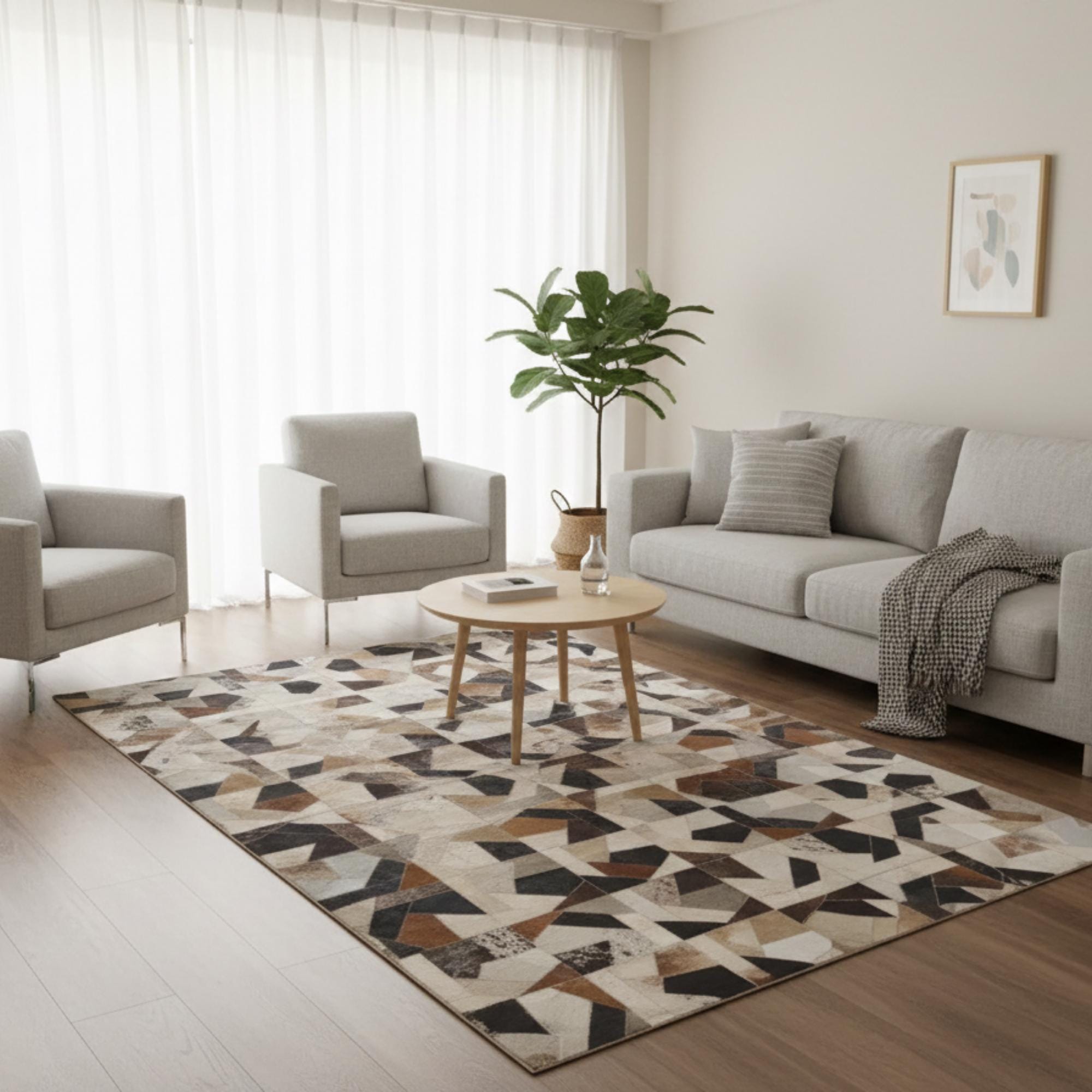Modern Patchwork Cowhide Rug, Geometric Ombre Design