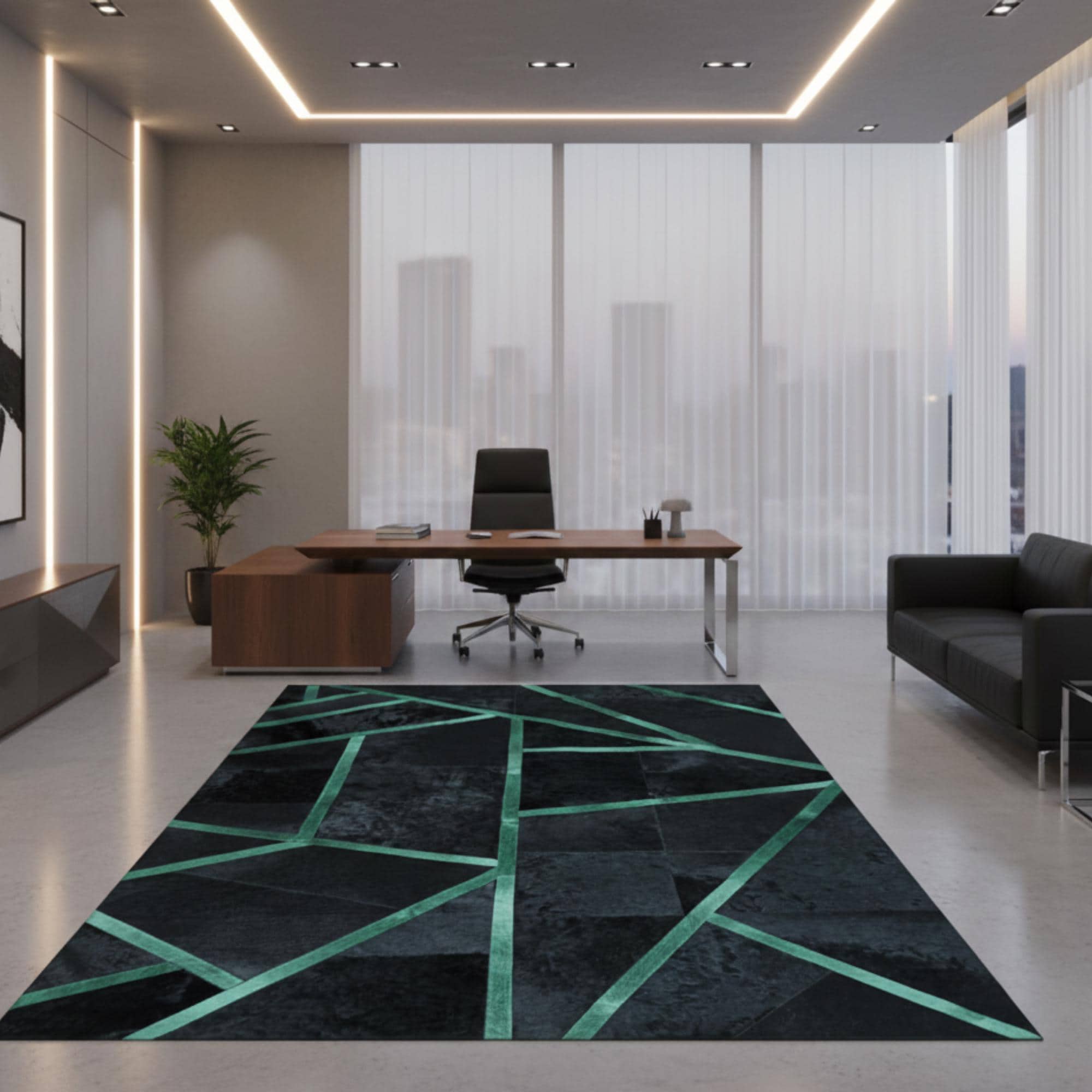 Siyah ve Yeşil Tonlu Geometrik Dana Derisi Patchwork Halı – El Yapımı Doğal Deri Dekoratif Halı