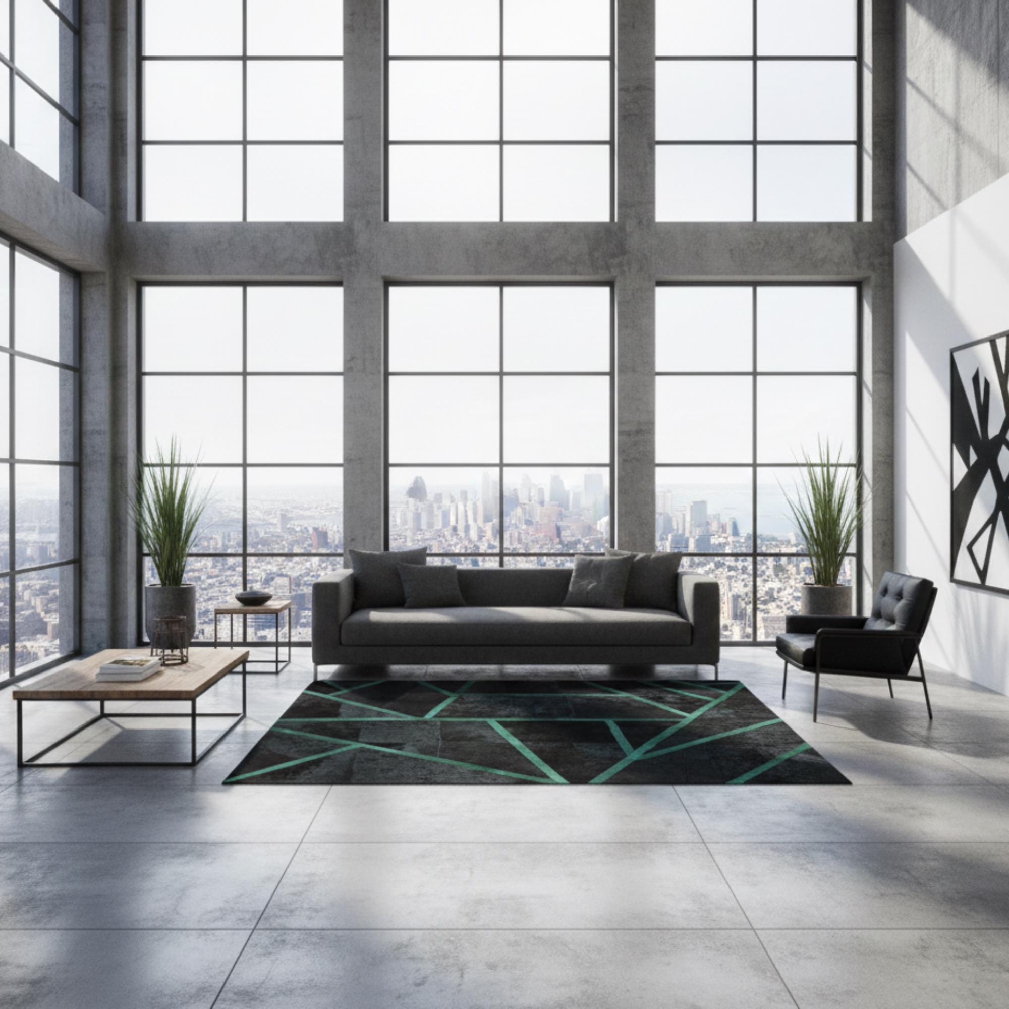 Siyah ve Yeşil Tonlu Geometrik Dana Derisi Patchwork Halı – El Yapımı Doğal Deri Dekoratif Halı