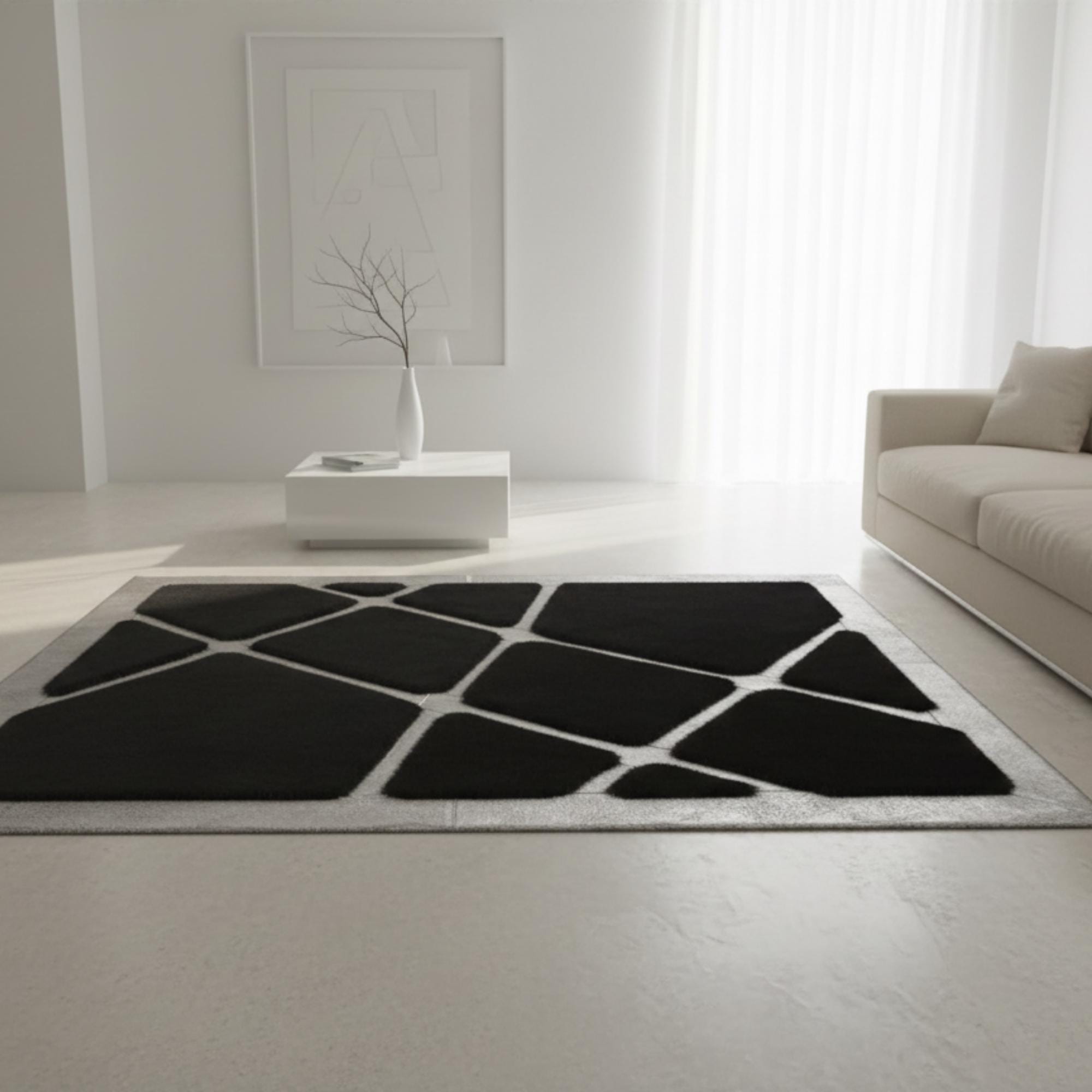 Siyah Zeminli Gümüş Çizgi Detaylı Peluş Halı – Yumuşak Dokulu, Modern ve Dekoratif Halı