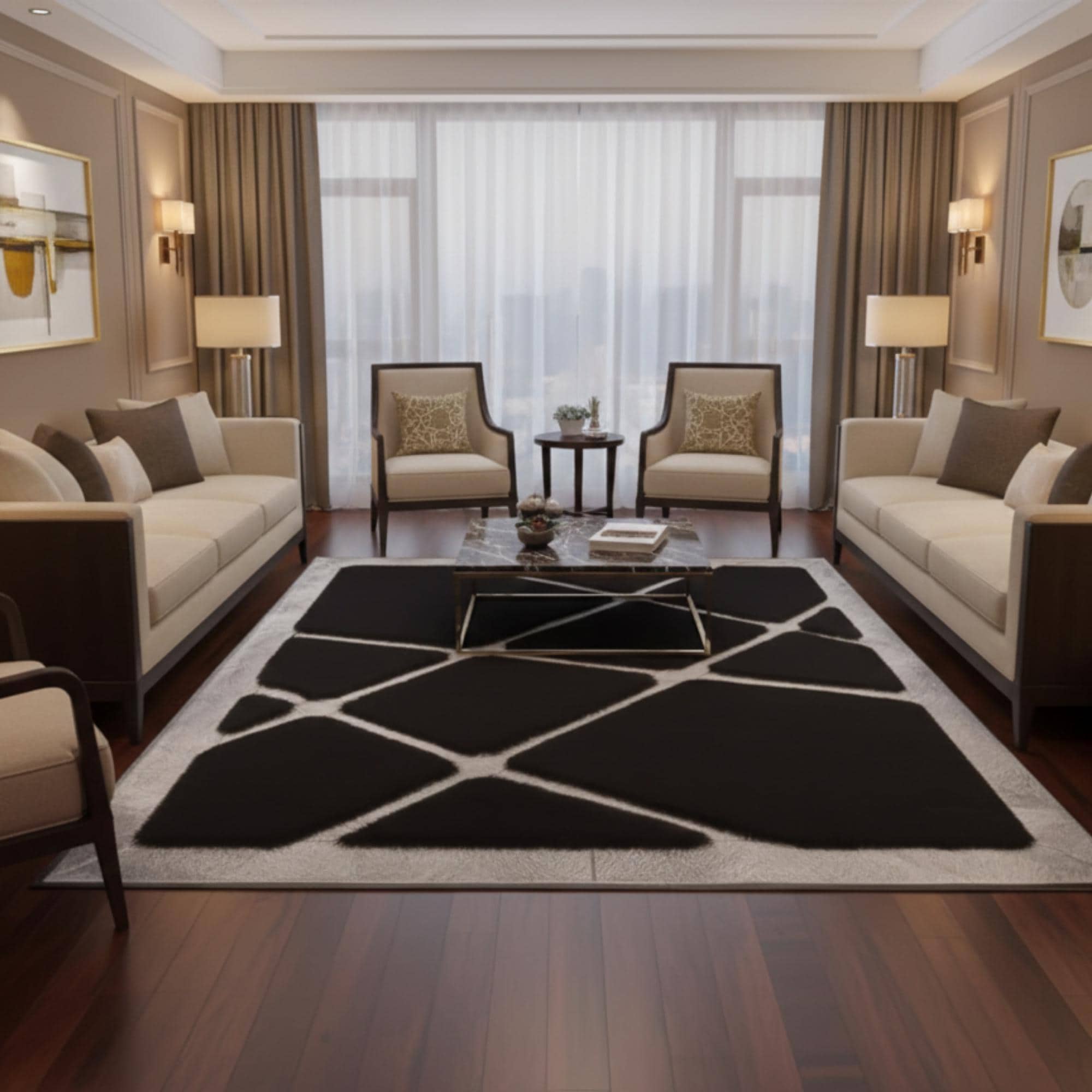 Siyah Zeminli Gümüş Çizgi Detaylı Peluş Halı – Yumuşak Dokulu, Modern ve Dekoratif Halı
