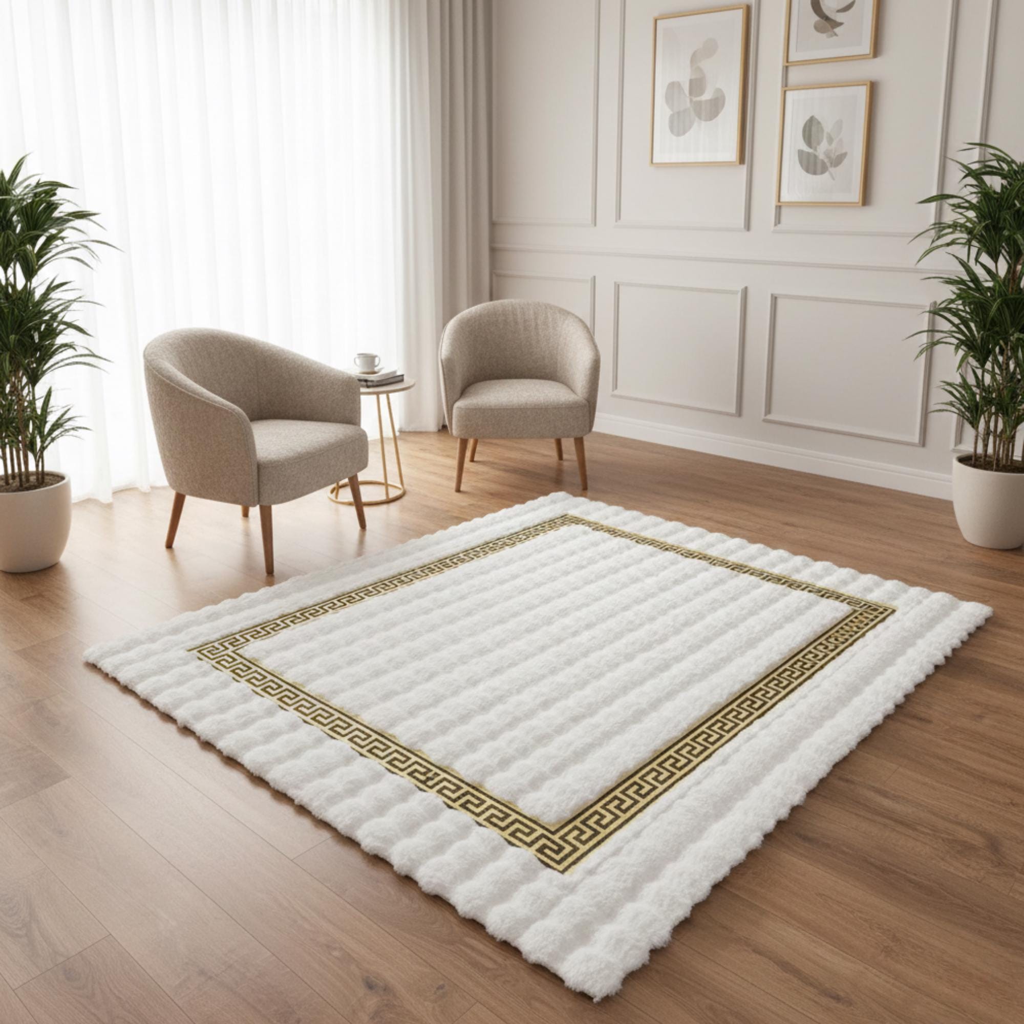 Beyaz Zeminli Altın Bordürlü Geometrik Desenli Peluş Halı – Yumuşak Dokulu