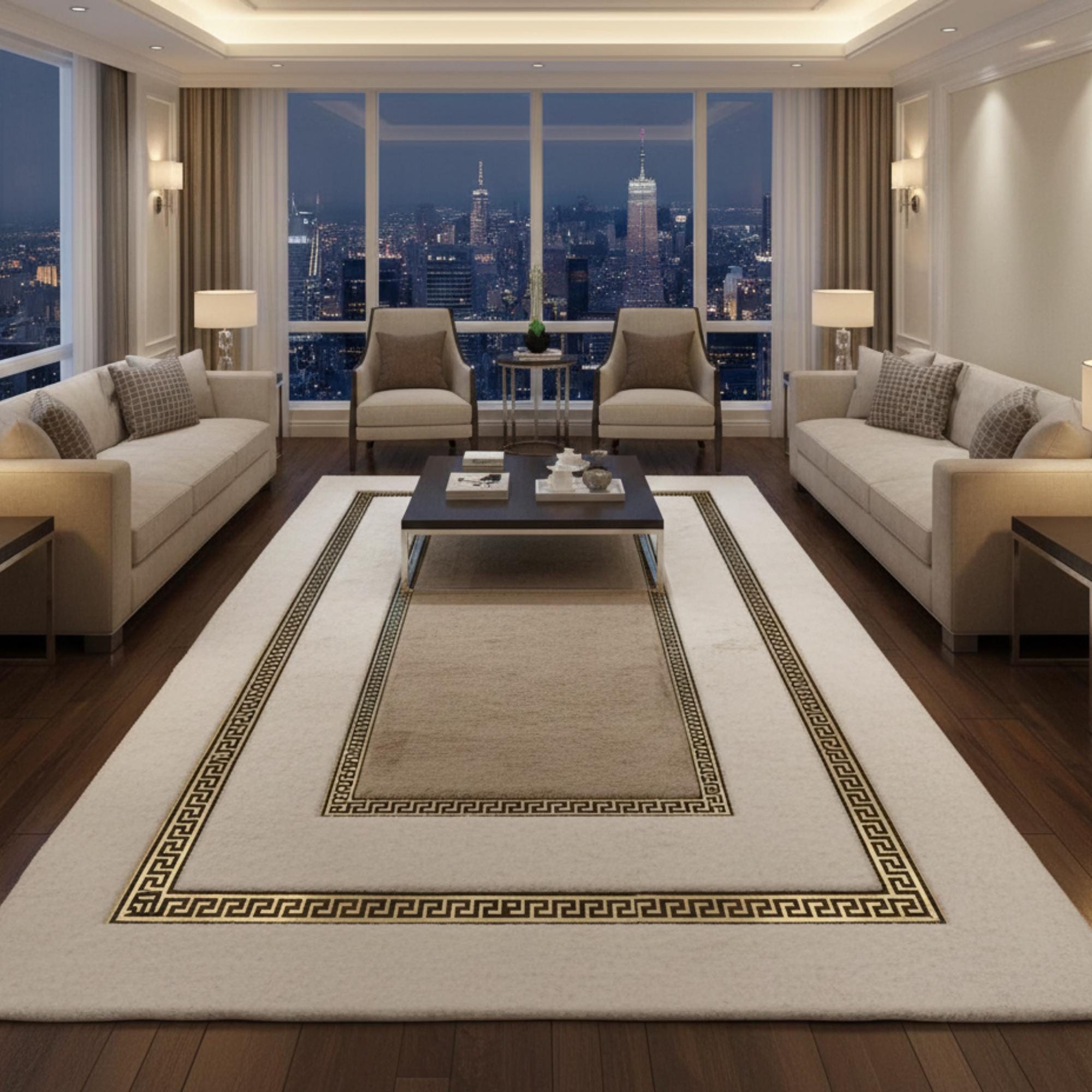 Bej Beyaz Zeminli Altın Çerçeveli Peluş Halı – Yumuşak Dokulu, Şık ve Dekoratif Halı