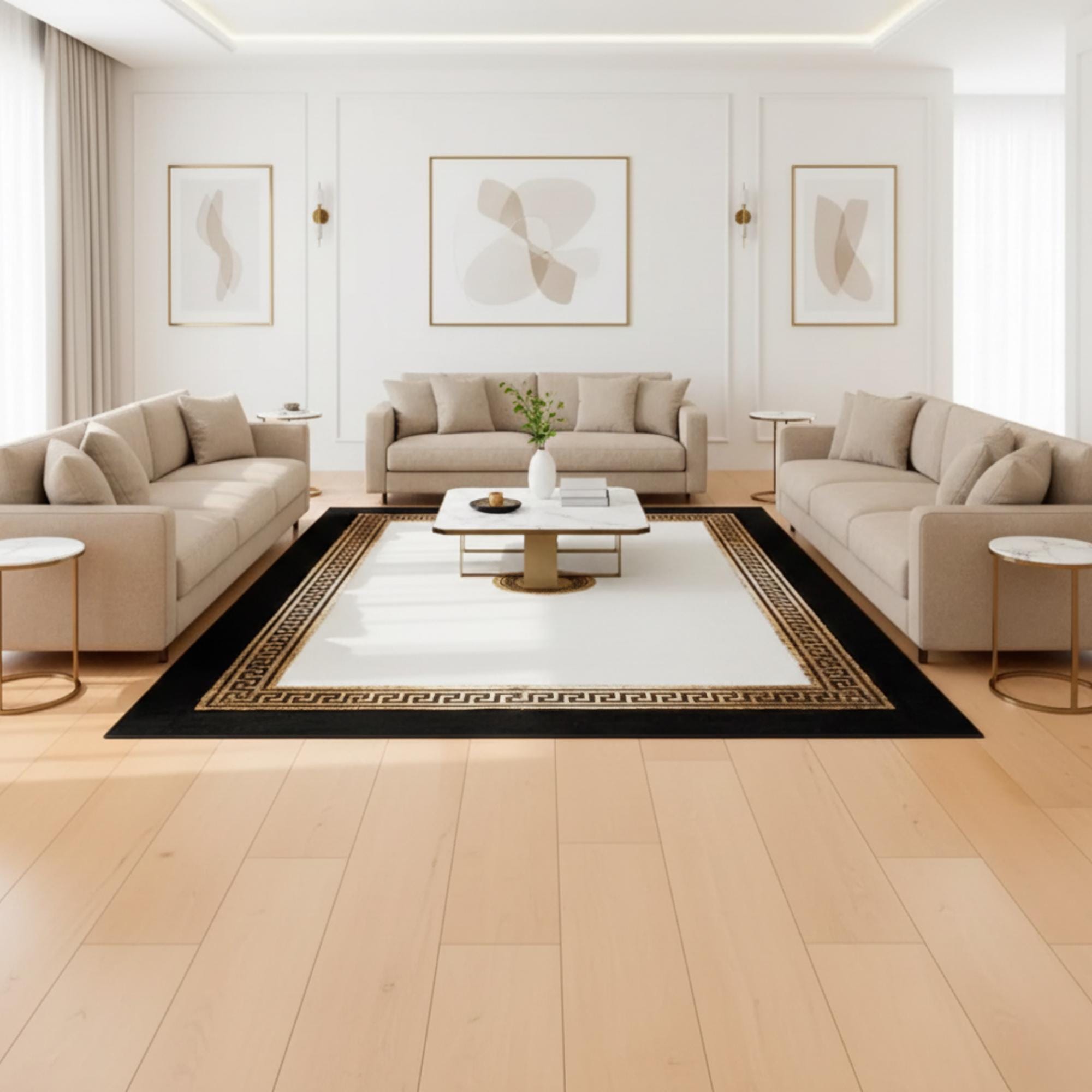 Beyaz Merkezli Siyah Zeminli Altın Çerçeveli Peluş Halı – Yumuşak Dokulu