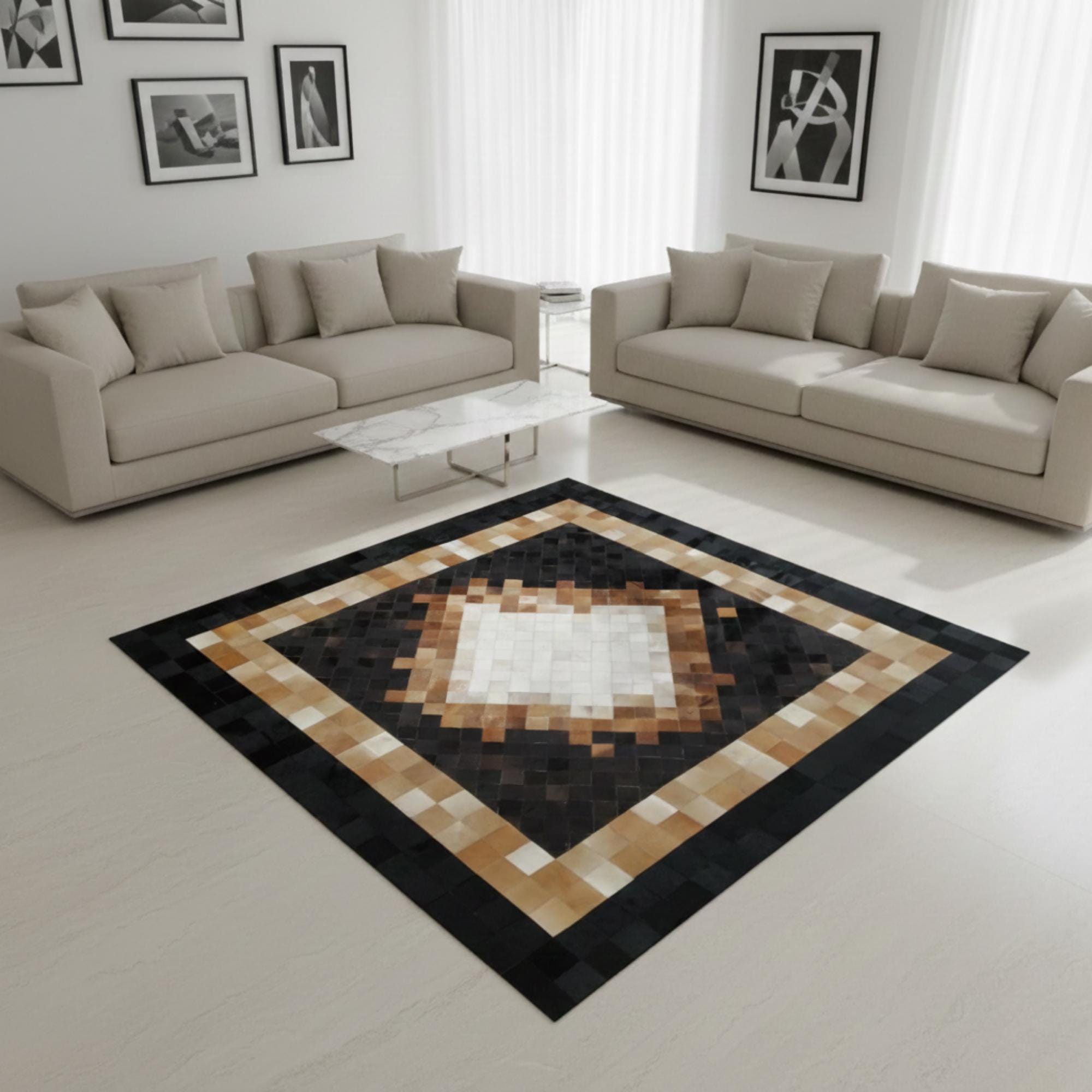 Bej, Kahverengi ve Siyah Tonlu Çerçeveli Dana Derisi Patchwork Halı