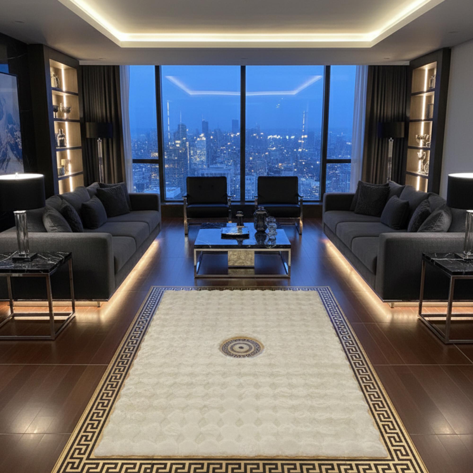 Beyaz Zeminli Merkez Altın Motifli Siyah Altın Çerçeveli Peluş Halı