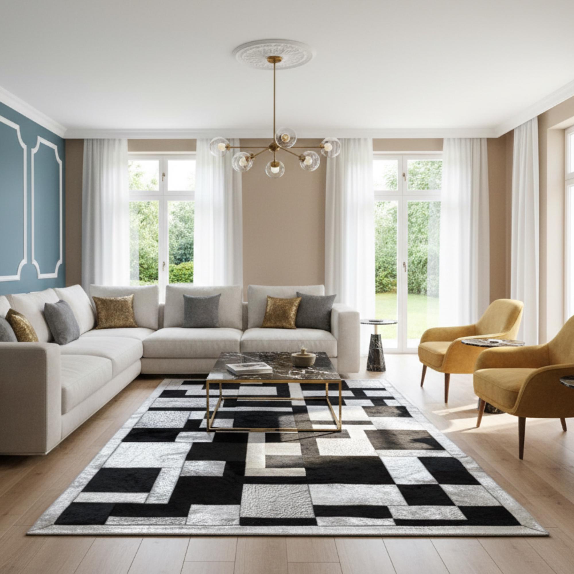 Siyah ve Beyaz Tonlu Dana Derisi Patchwork Halı