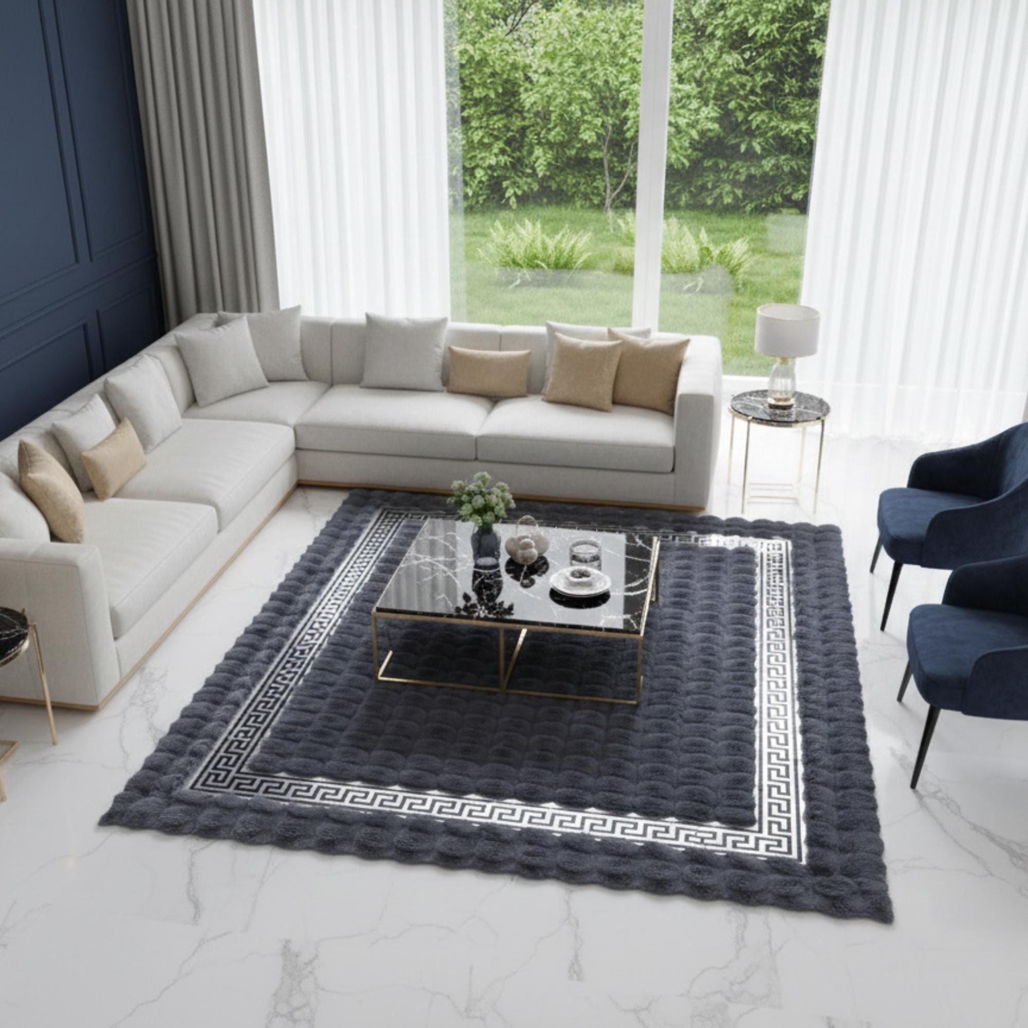 Füme Gri Zeminli Silver Çerçeveli Peluş Halı – Yumuşak Dokulu, Modern