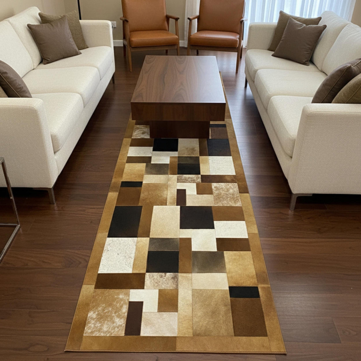 Bej, Kahverengi ve Koyu Tonlu Dana Derisi Patchwork Halı – görsel 3