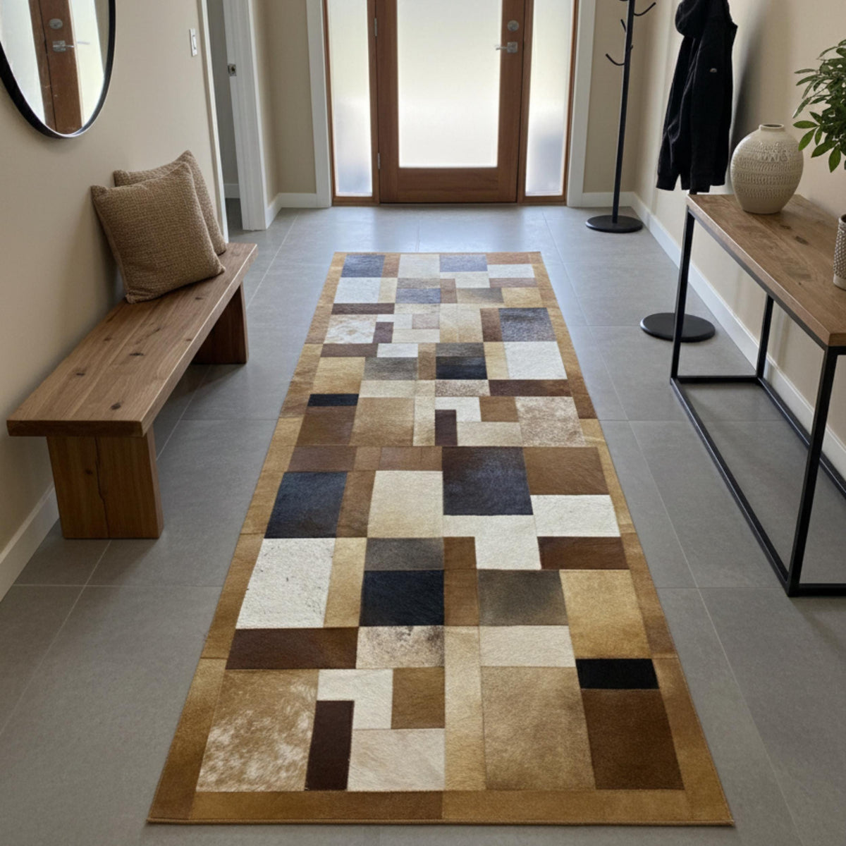 Bej, Kahverengi ve Koyu Tonlu Dana Derisi Patchwork Halı – görsel 4