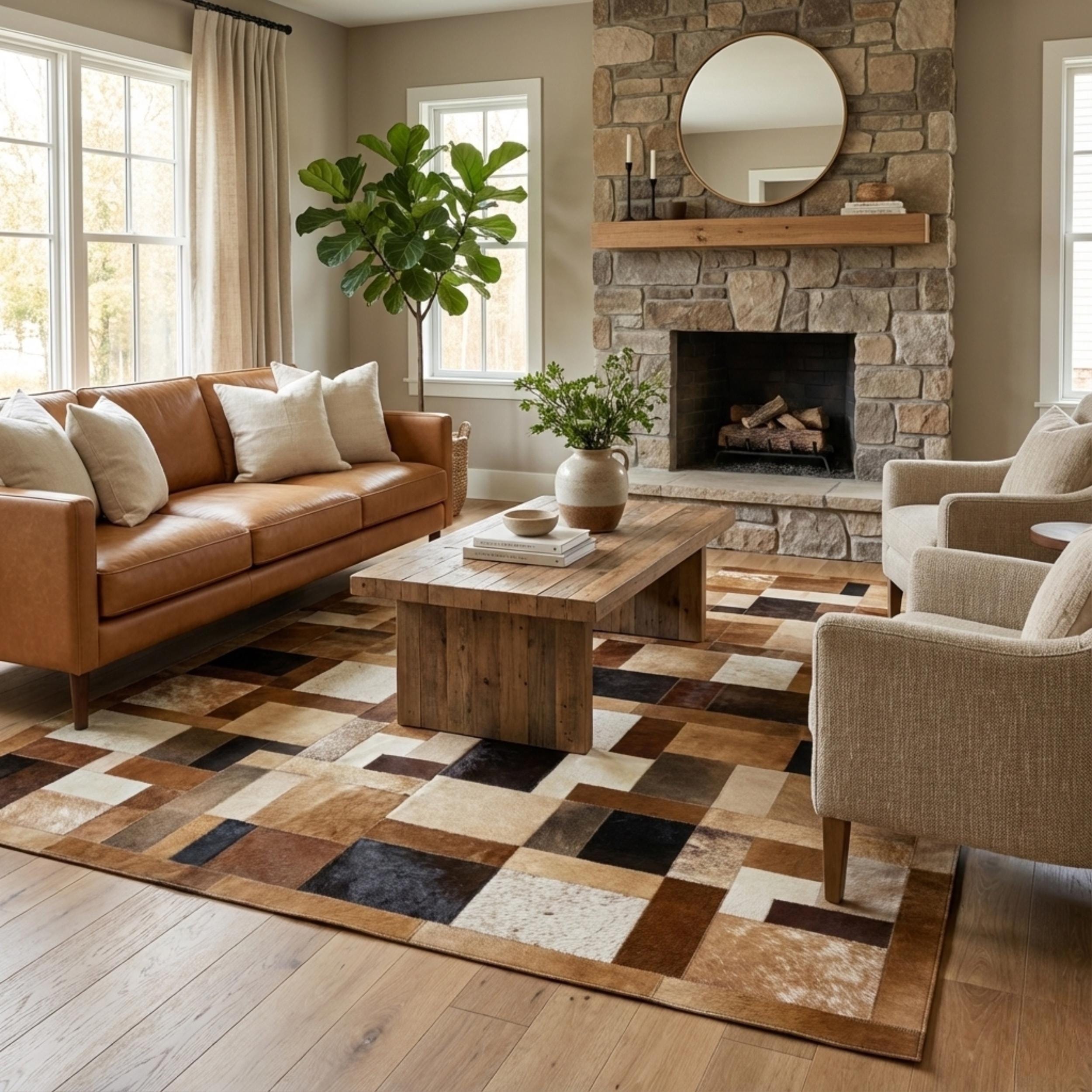 Bej, Kahverengi ve Koyu Tonlu Dana Derisi Patchwork Halı