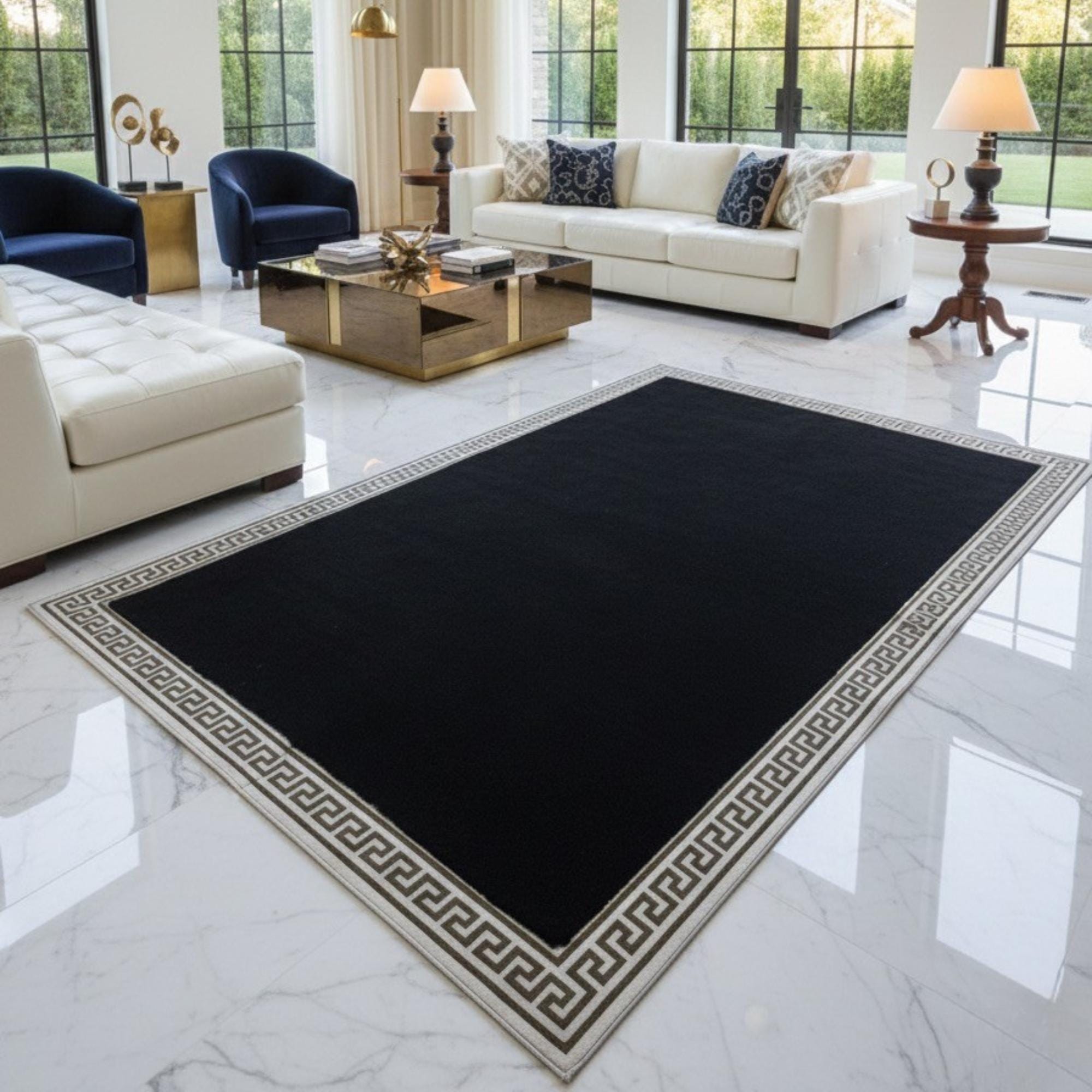 Siyah Zeminli Silver Çerçeveli Peluş Halı – Yumuşak Dokulu, Modern ve Dekoratif Halı