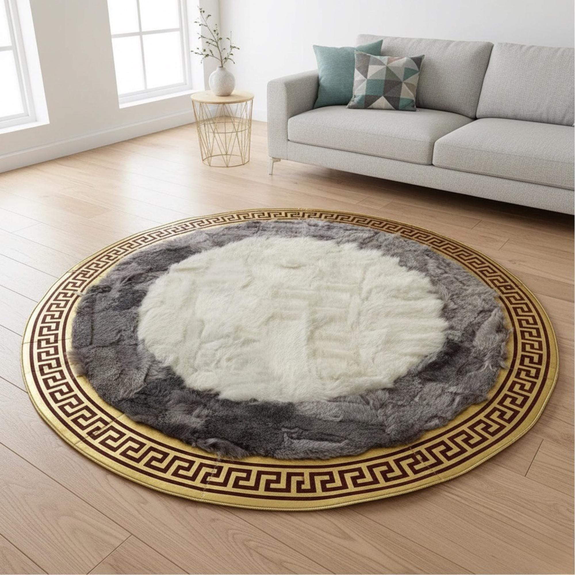 Beyaz Merkezli Gri Zeminli Altın Bordür Detaylı Yuvarlak Toskana Halı