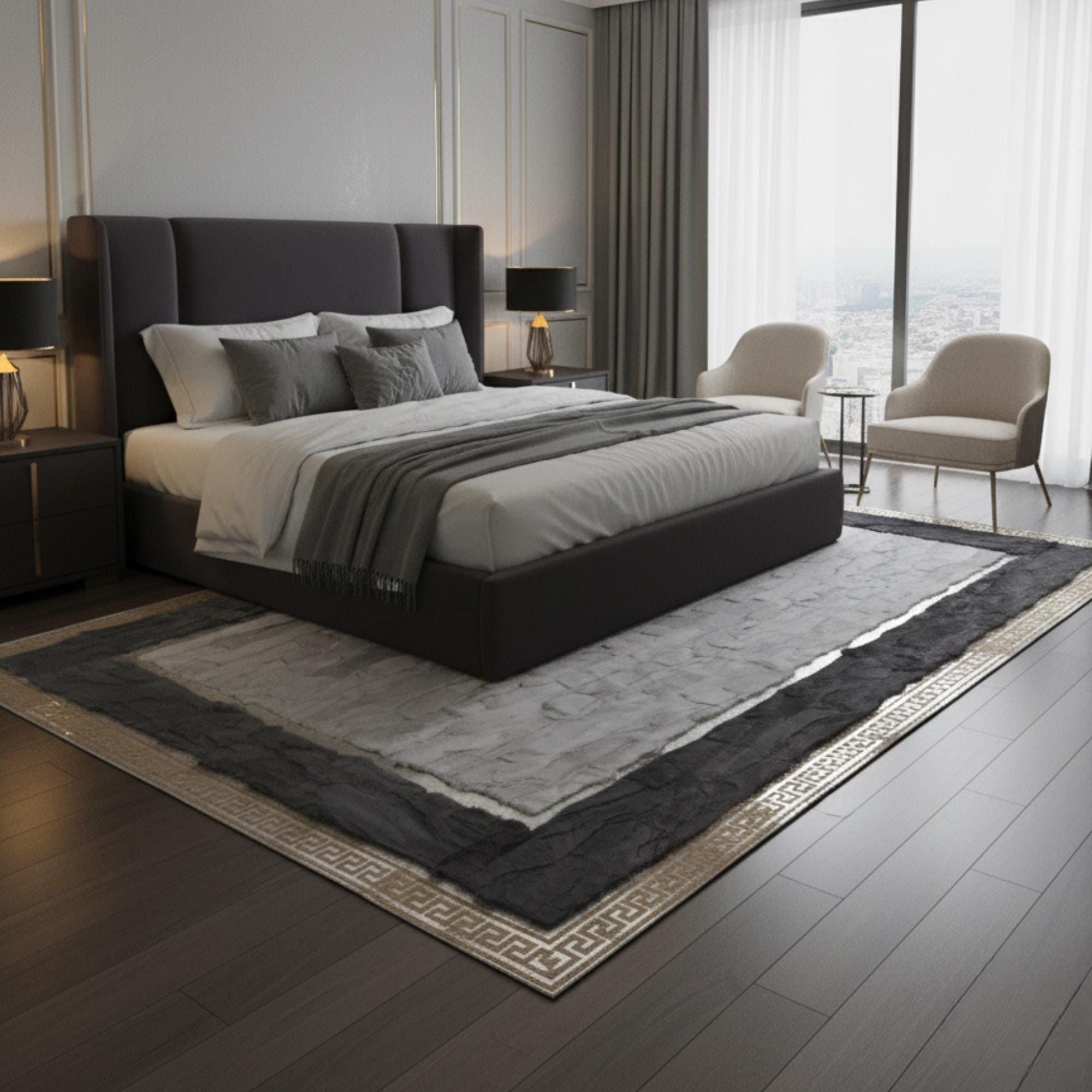 Koyu Gri Çerçeveli Açık Gri Rex Tavşan Kürkü Salon Halısı – Modern ve Premium Tasarım