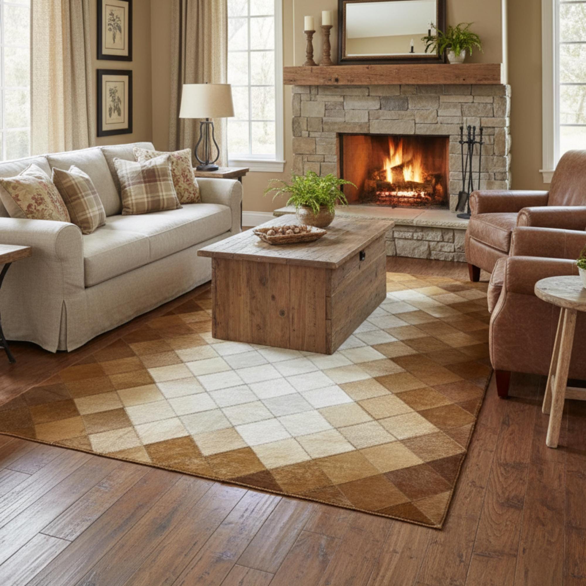 Bej ve Kahverengi Tonlu Dana Derisi Patchwork Runner Halı – El Yapımı Doğal Deri Uzun Halı