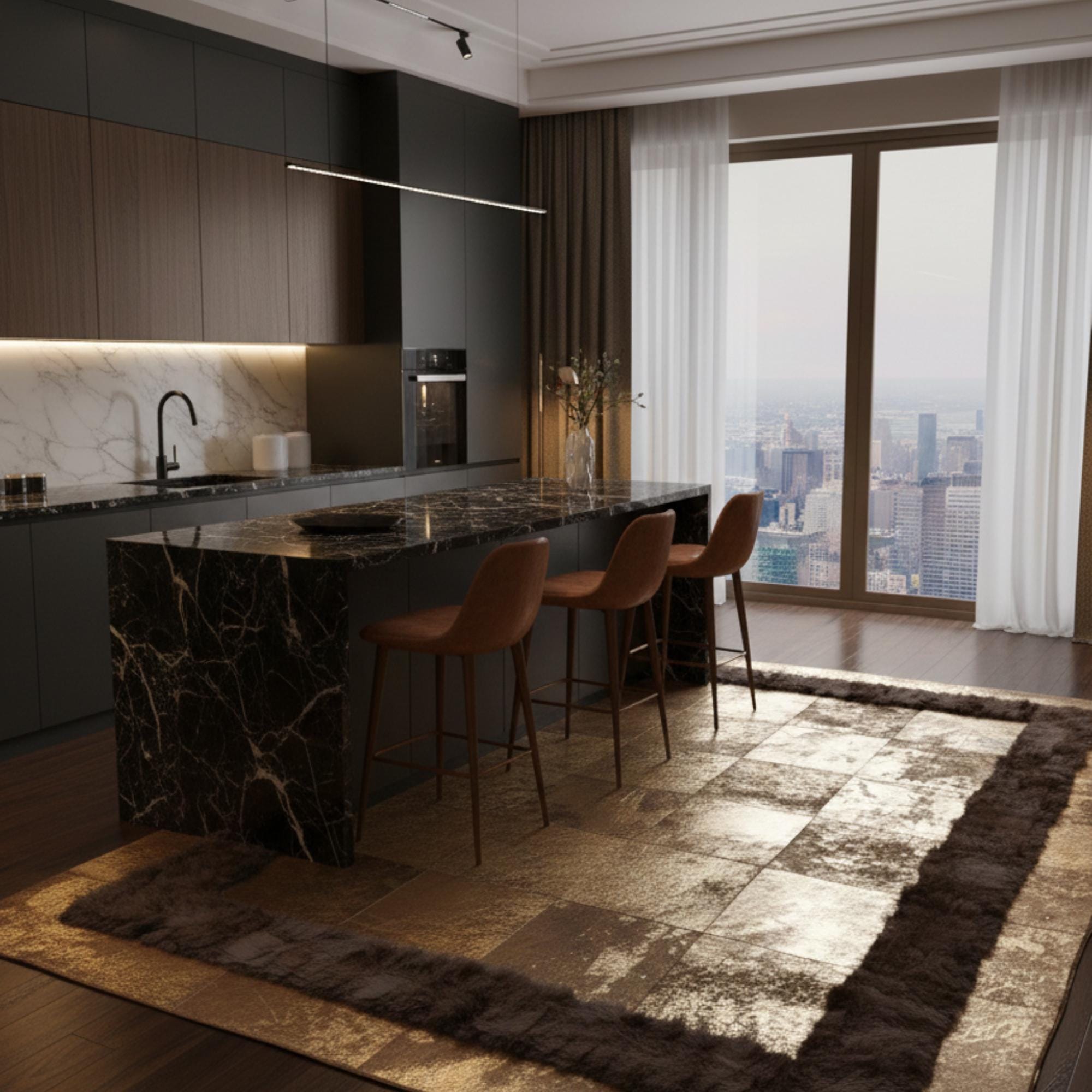 Koyu Çerçeveli Bej ve Kahverengi Tonlu Dana Derisi Patchwork Halı