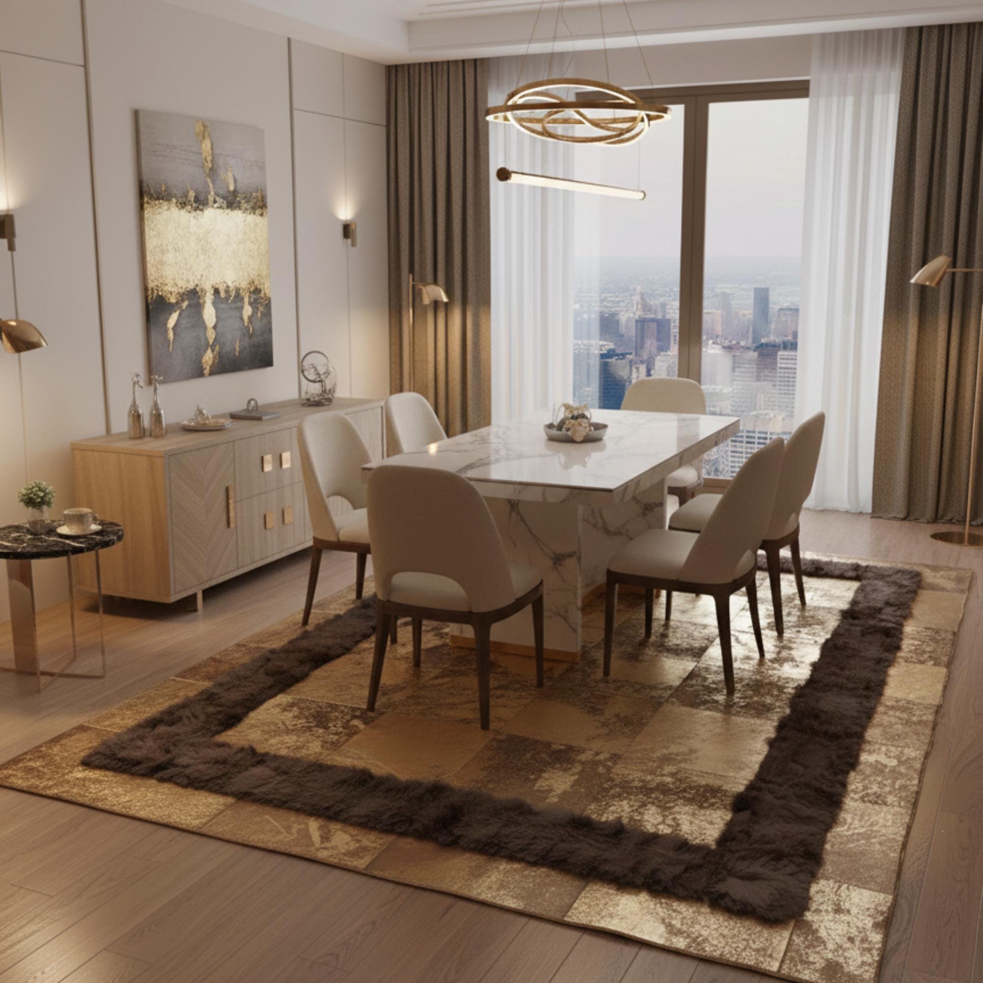 Koyu Çerçeveli Bej ve Kahverengi Tonlu Dana Derisi Patchwork Halı