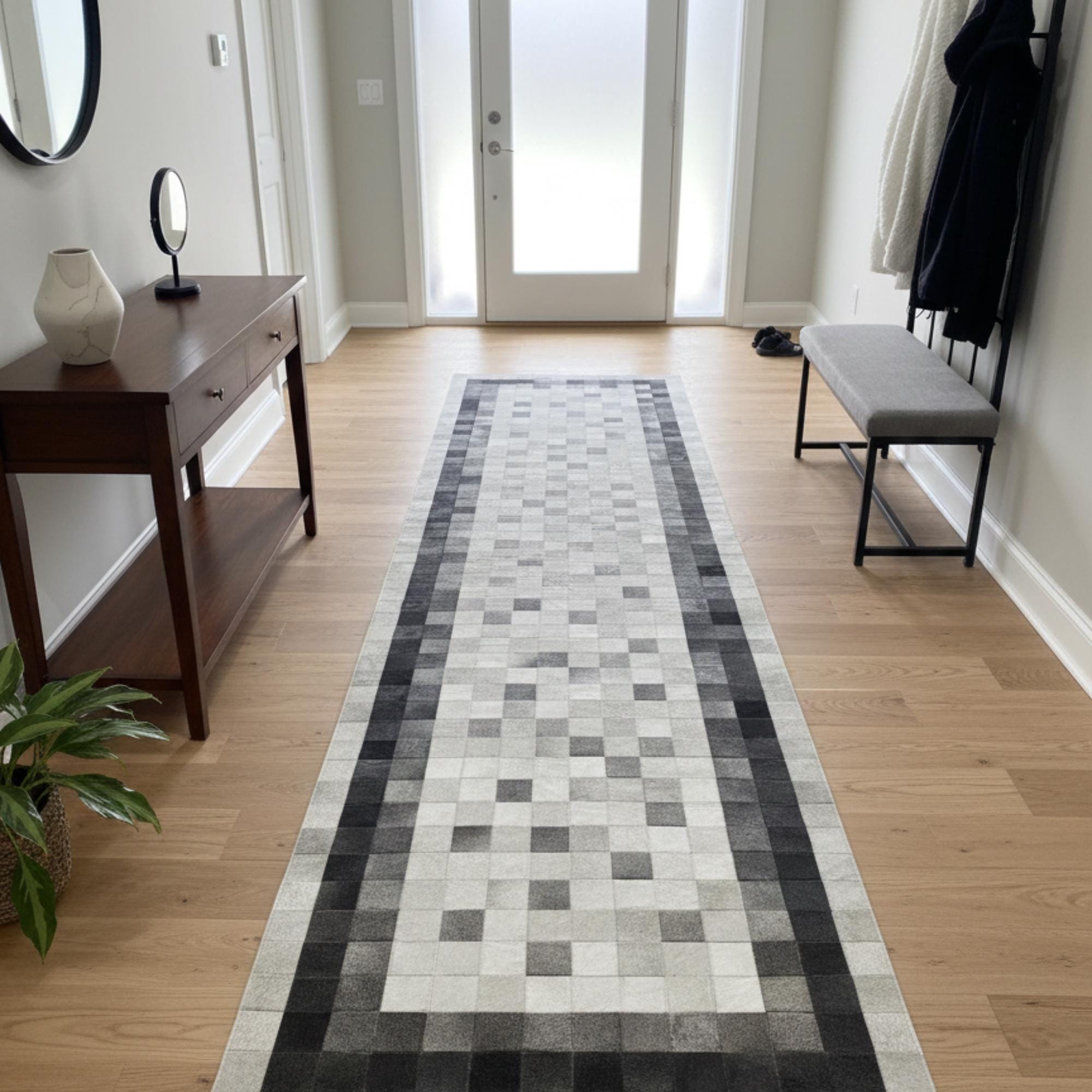 Siyah Çerçeveli Bej Tonlu Dana Derisi Patchwork Runner Halı