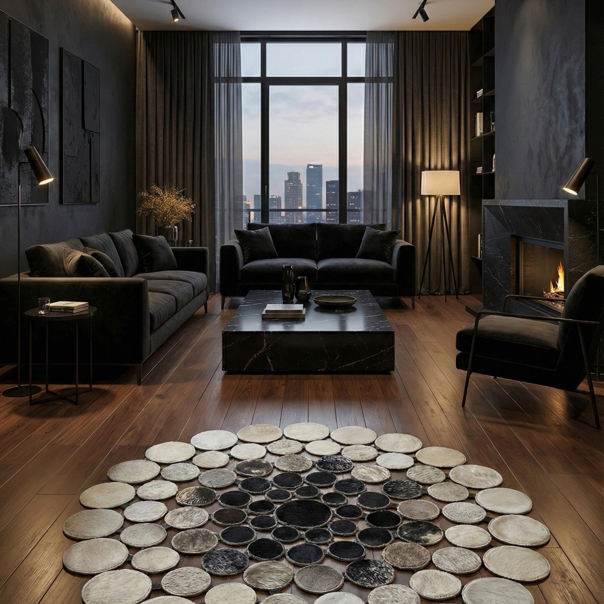 Gri Tonlarında Siyah Merkezli Yuvarlak Dana Derisi Patchwork Halı – El Yapımı, Doğal Deri ve Dekoratif Halı